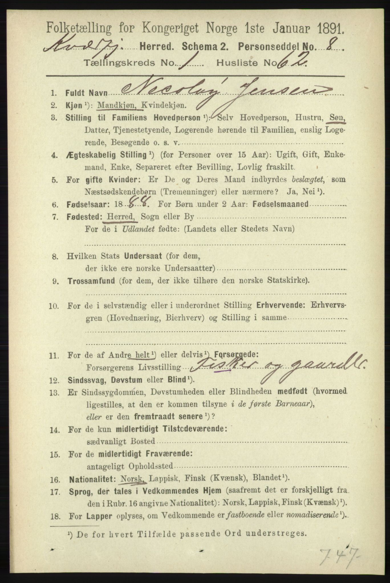 RA, 1891 census for 1911 Kvæfjord, 1891, p. 526