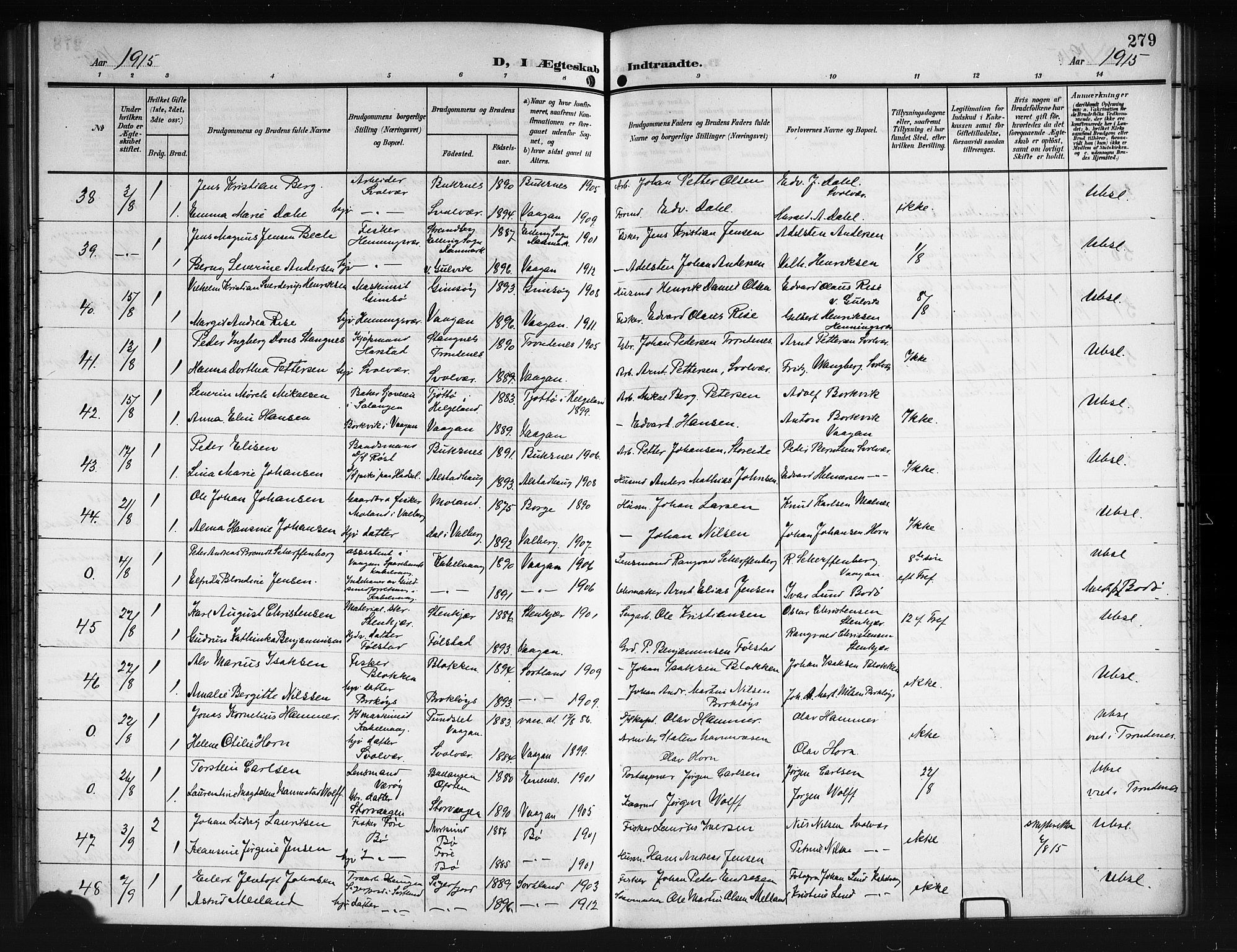 Ministerialprotokoller, klokkerbøker og fødselsregistre - Nordland, AV/SAT-A-1459/874/L1079: Parish register (copy) no. 874C08, 1907-1915, p. 279
