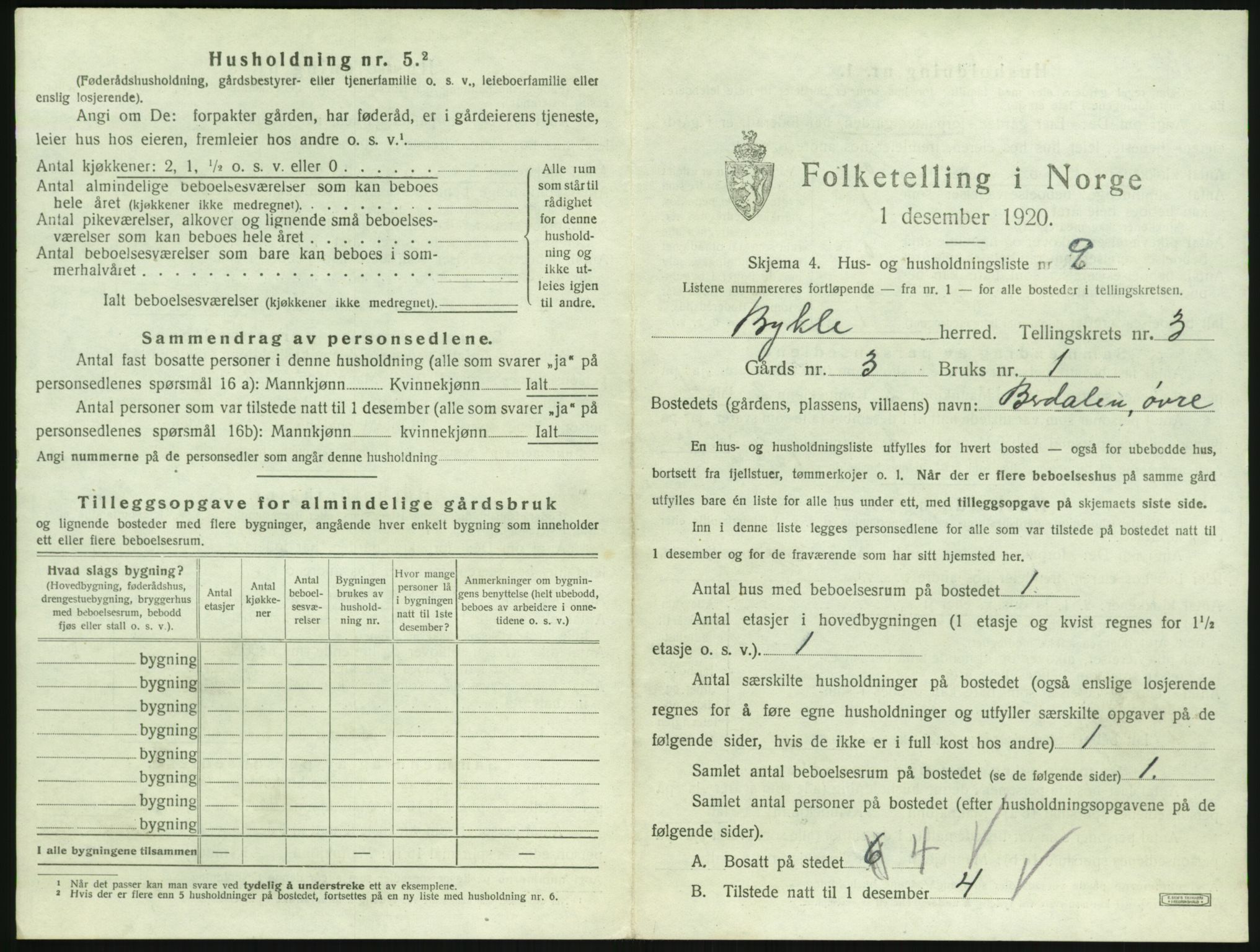 SAK, 1920 census for Bykle, 1920, p. 177