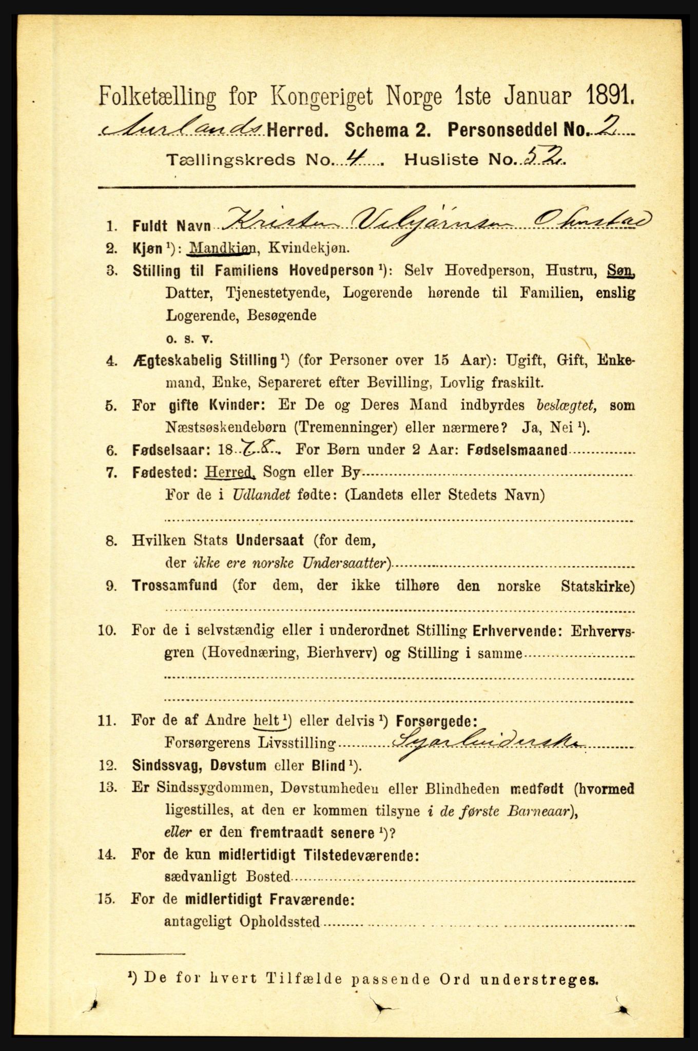 RA, 1891 census for 1421 Aurland, 1891, p. 1619