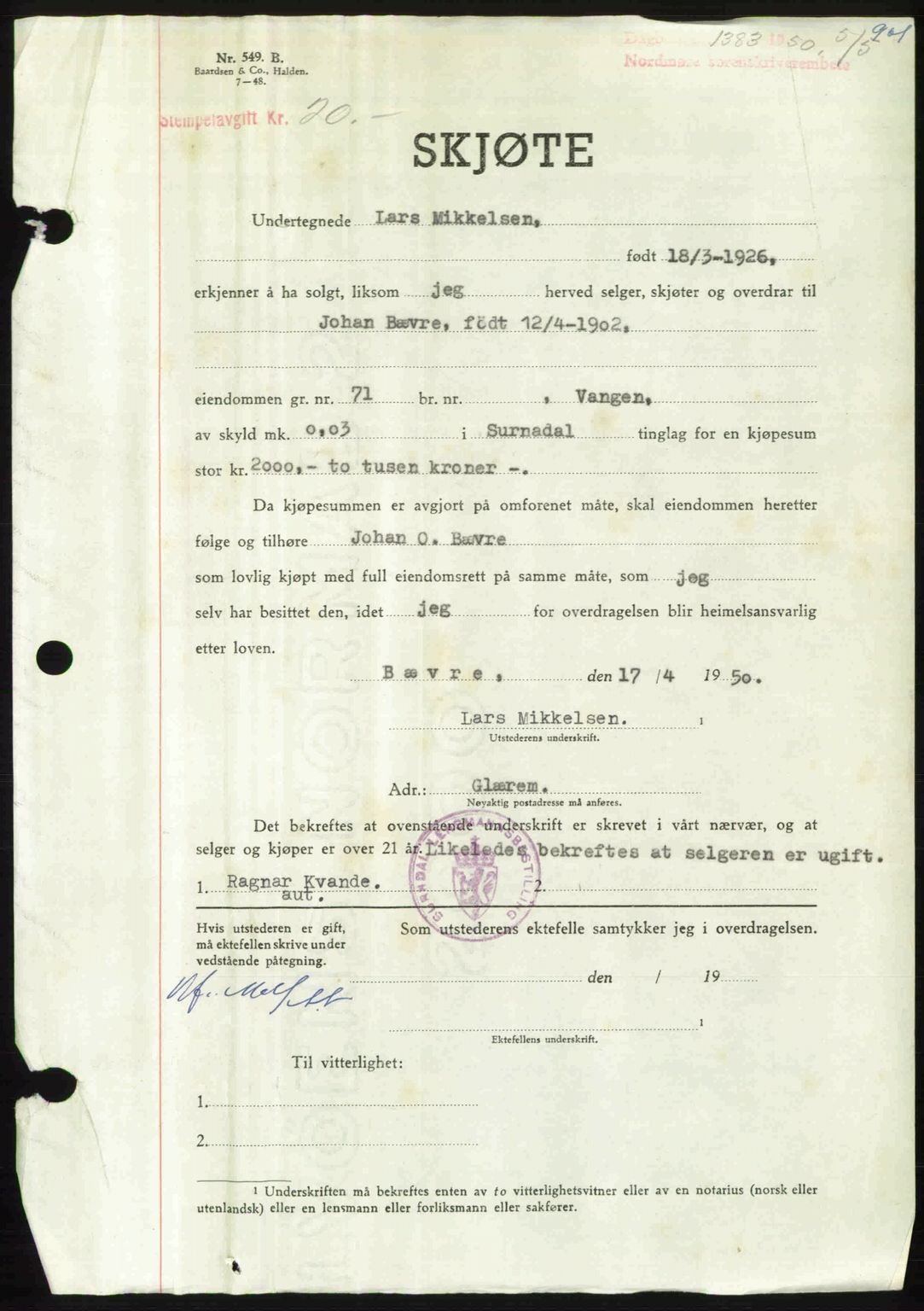 Nordmøre sorenskriveri, AV/SAT-A-4132/1/2/2Ca: Mortgage book no. A114, 1950-1950, Diary no: : 1383/1950