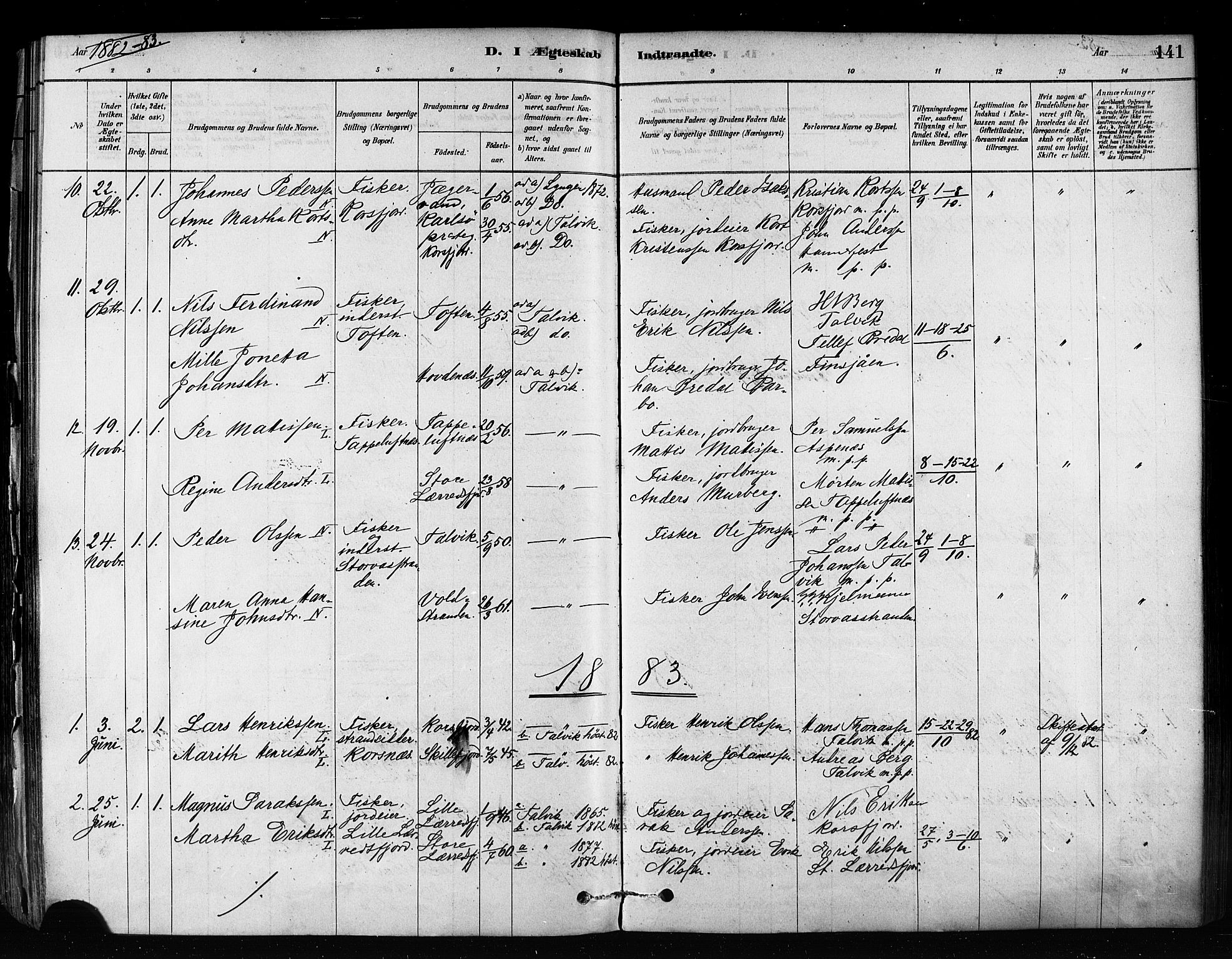 Talvik sokneprestkontor, SATØ/S-1337/H/Ha/L0012kirke: Parish register (official) no. 12, 1878-1886, p. 141