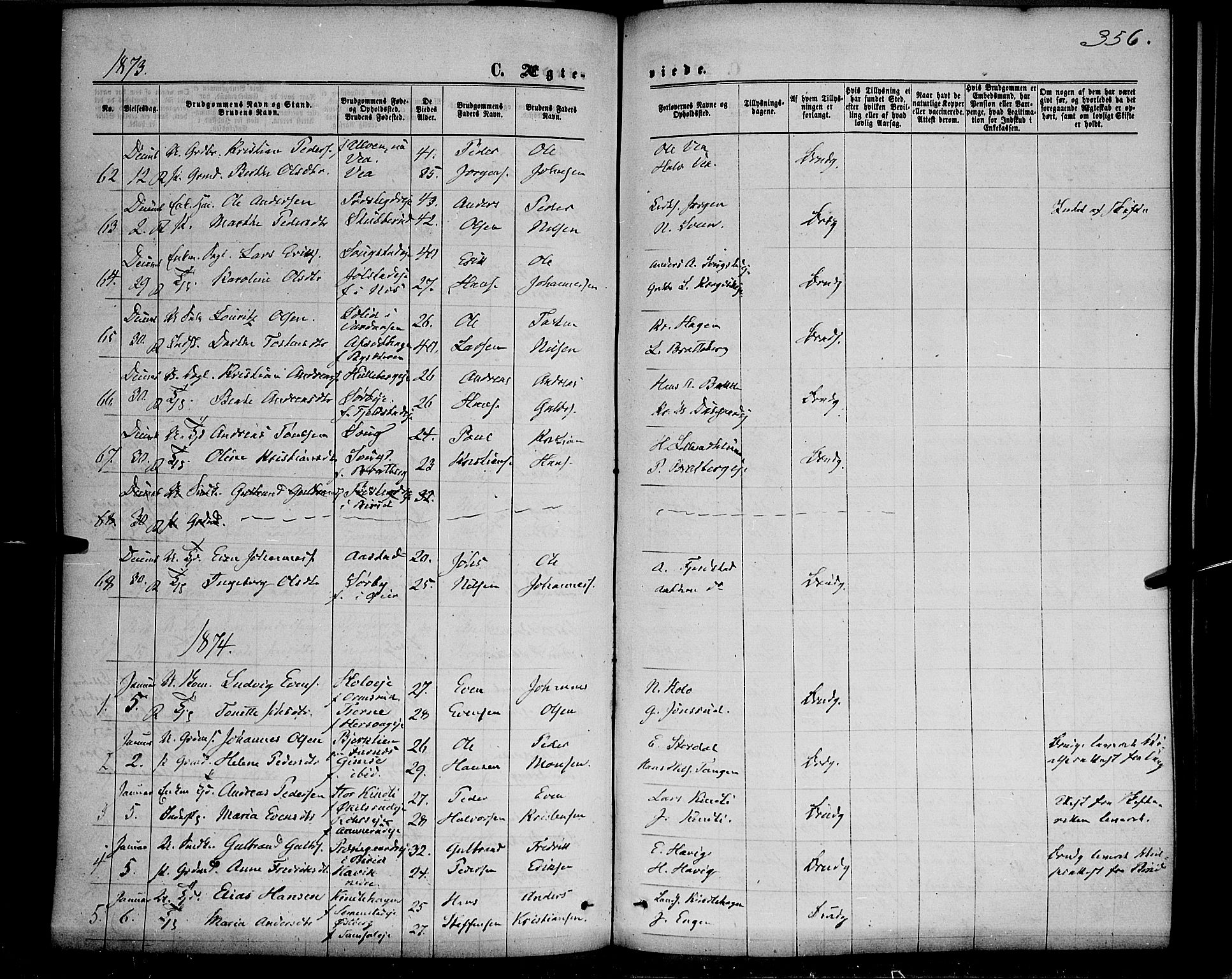 Ringsaker prestekontor, SAH/PREST-014/K/Ka/L0011: Parish register (official) no. 11, 1870-1878, p. 356