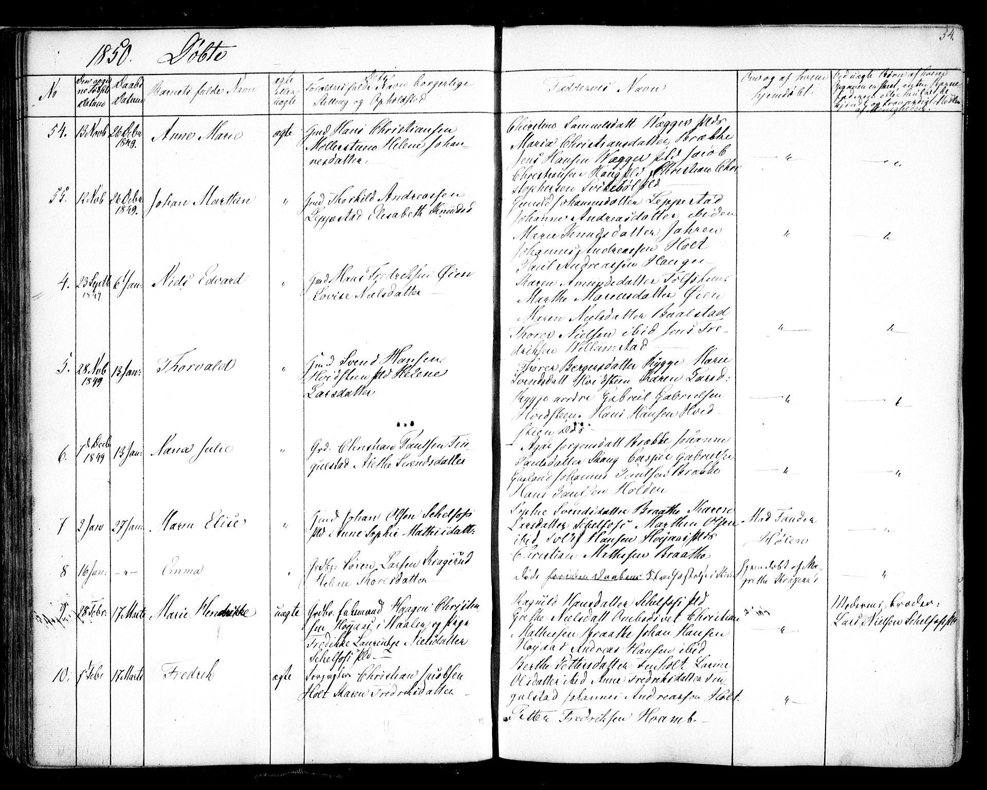 Hobøl prestekontor Kirkebøker, AV/SAO-A-2002/F/Fa/L0003: Parish register (official) no. I 3, 1842-1864, p. 54