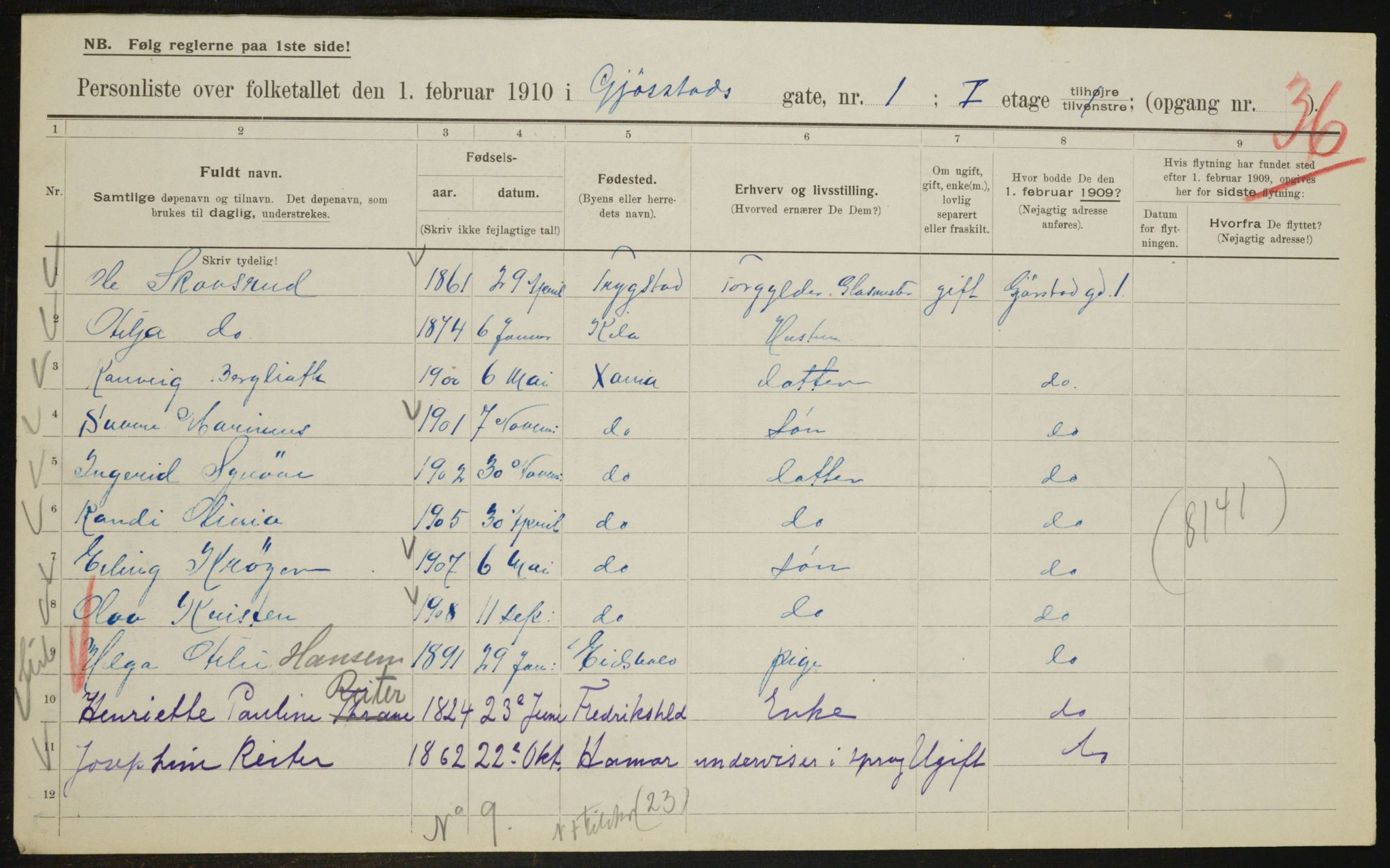 OBA, Municipal Census 1910 for Kristiania, 1910, p. 27837