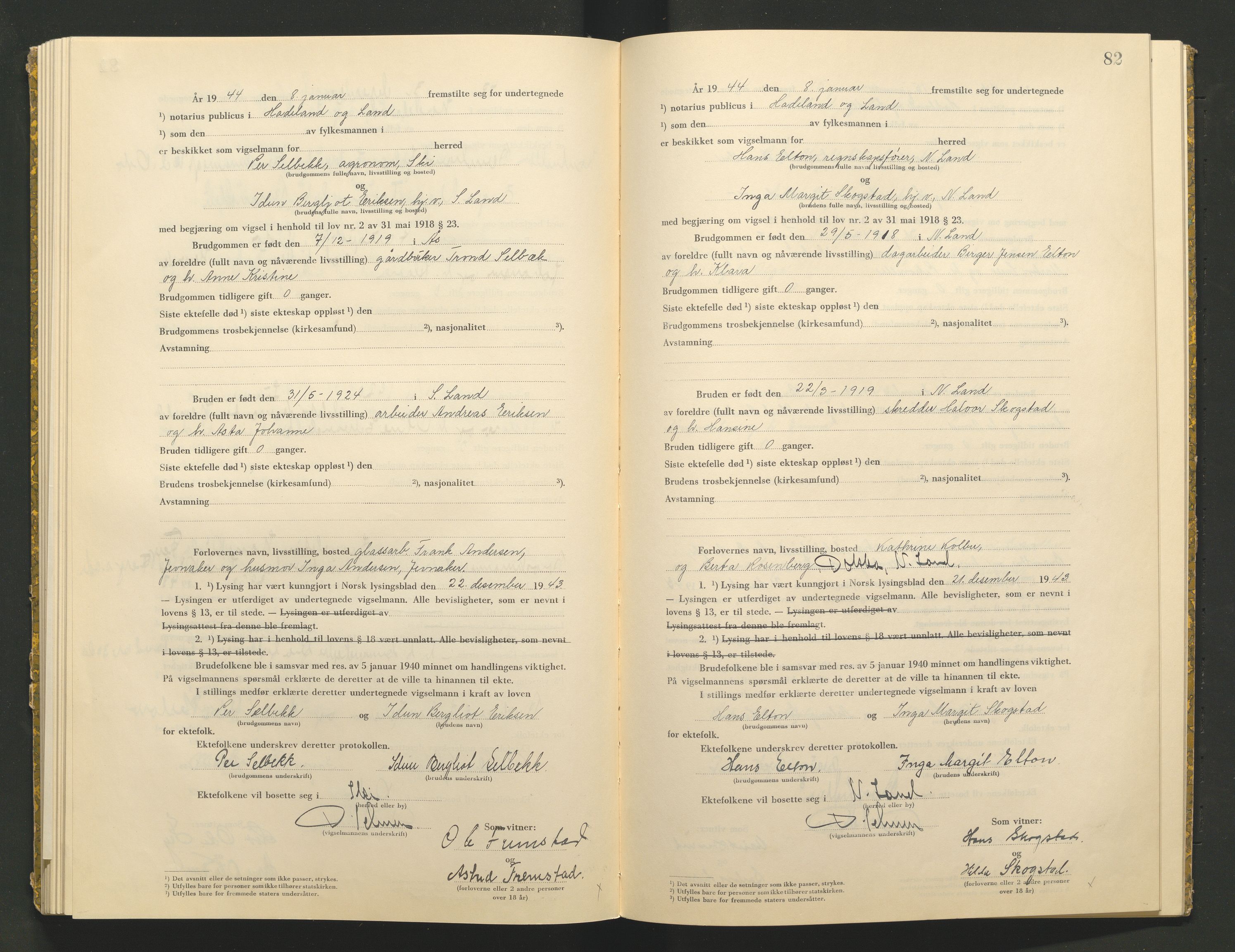 Hadeland og Land tingrett, AV/SAH-TING-010/L/Lb/L0002: Vigselbok, 1943-1944, p. 82