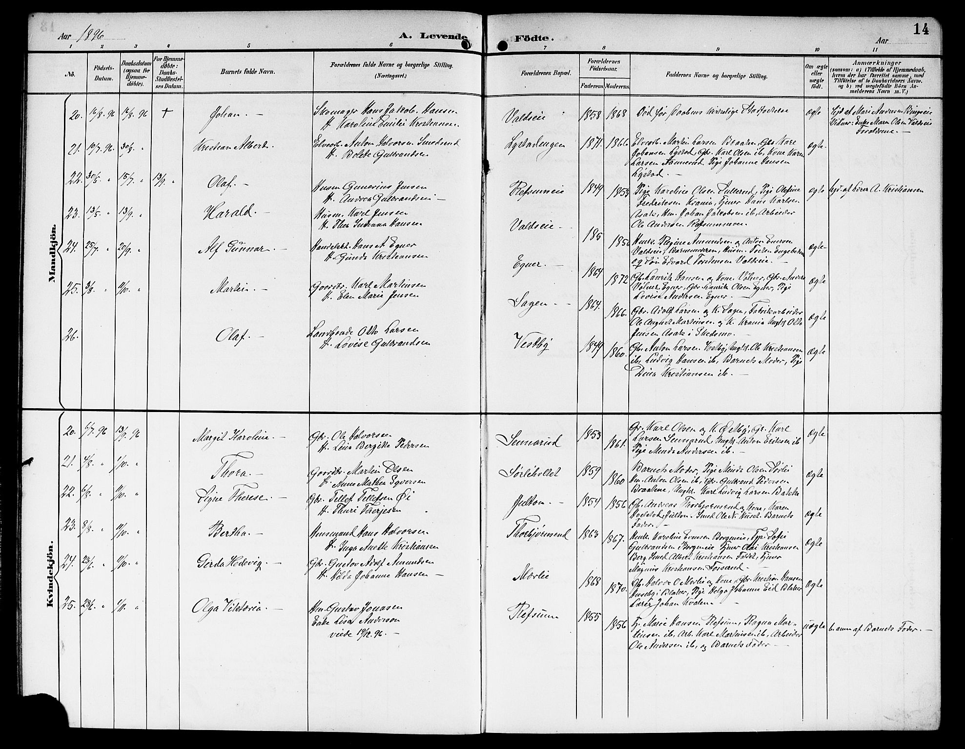 Sørum prestekontor Kirkebøker, AV/SAO-A-10303/G/Ga/L0006: Parish register (copy) no. I 6, 1894-1906, p. 14