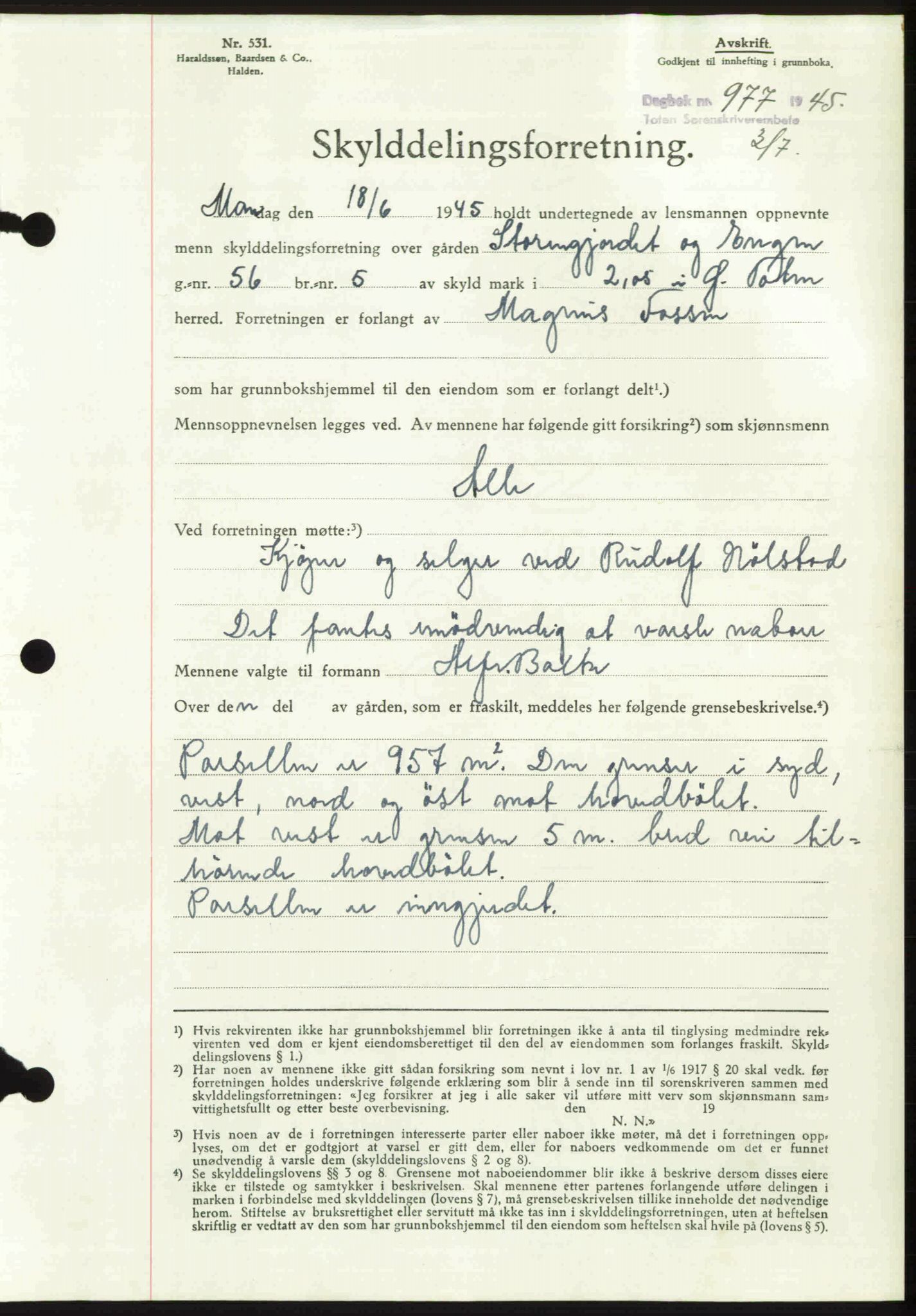 Toten tingrett, SAH/TING-006/H/Hb/Hbc/L0013: Mortgage book no. Hbc-13, 1945-1945, Diary no: : 977/1945