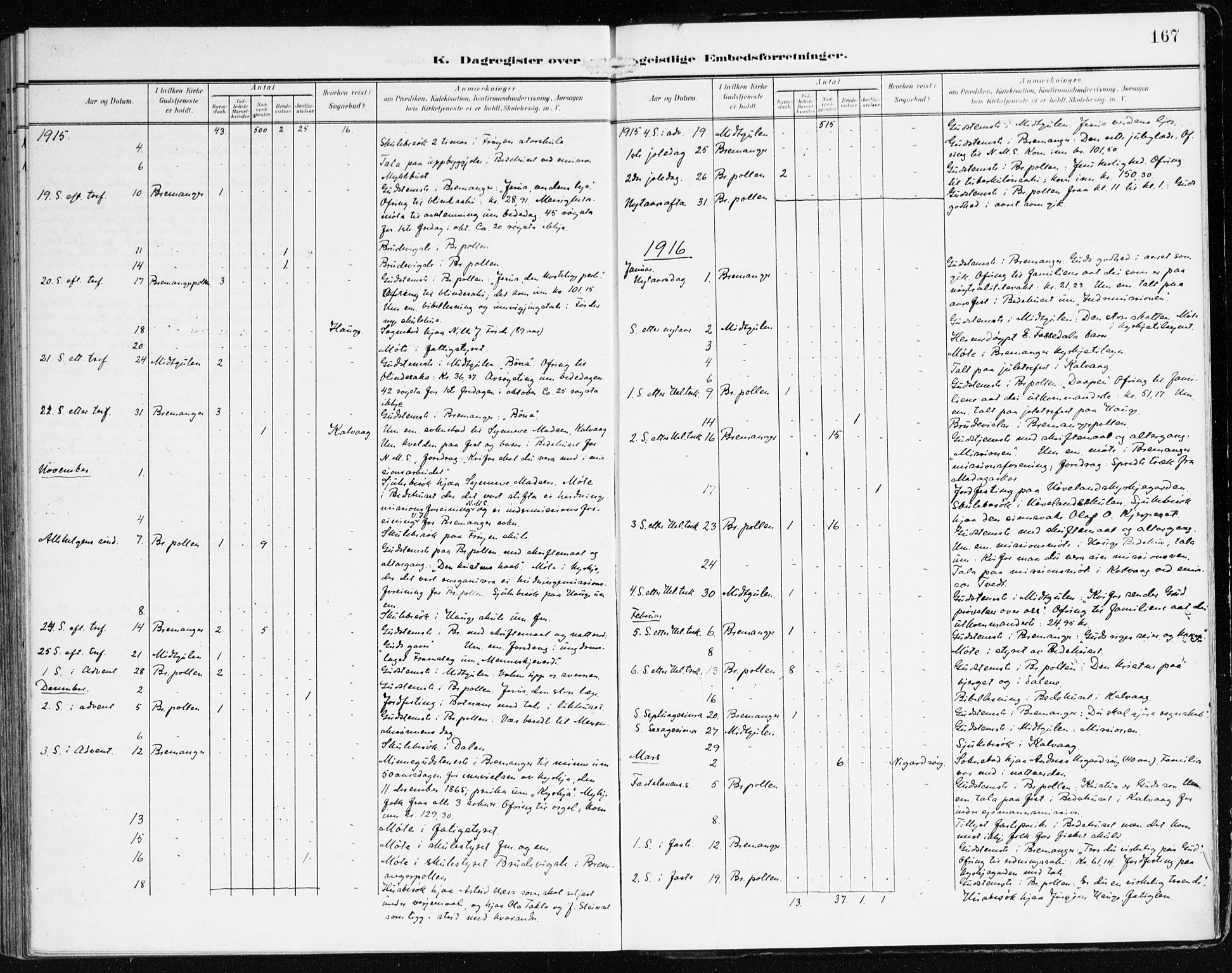 Bremanger sokneprestembete, SAB/A-82201/H/Haa/Haab/L0003: Parish register (official) no. B 3, 1908-1925, p. 167