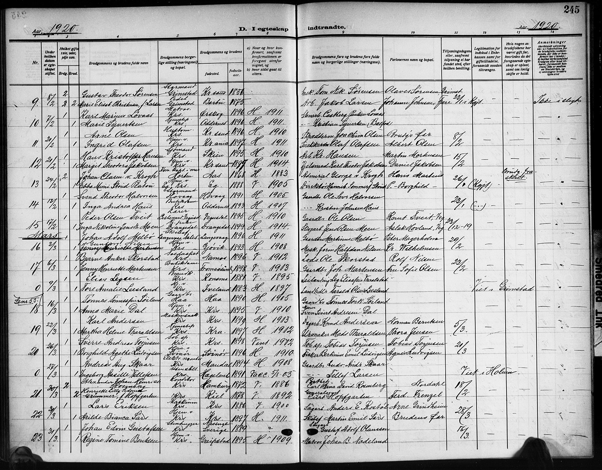 Kristiansand domprosti, AV/SAK-1112-0006/F/Fb/L0021: Parish register (copy) no. B 21, 1914-1923, p. 245