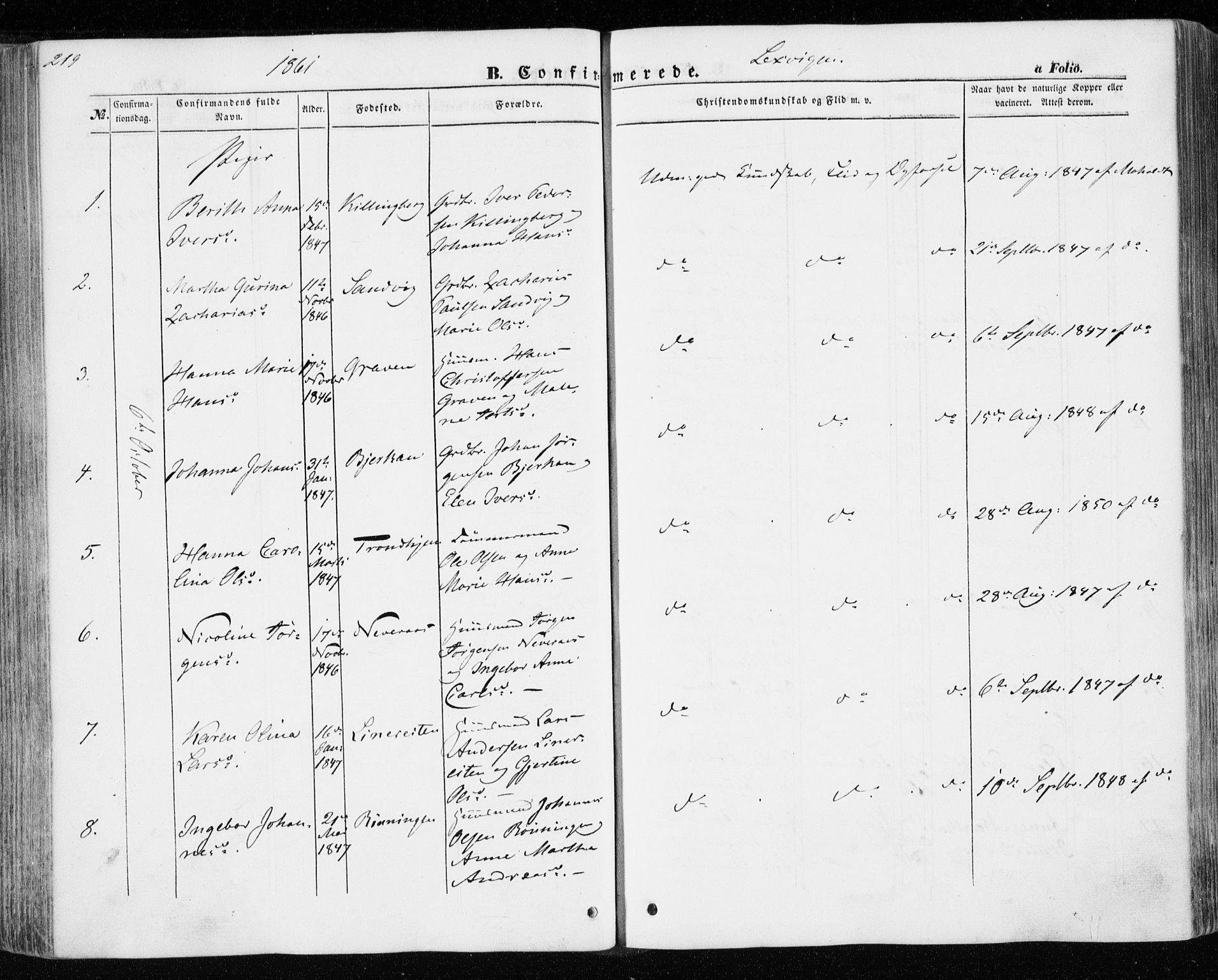 Ministerialprotokoller, klokkerbøker og fødselsregistre - Nord-Trøndelag, AV/SAT-A-1458/701/L0008: Parish register (official) no. 701A08 /1, 1854-1863, p. 219