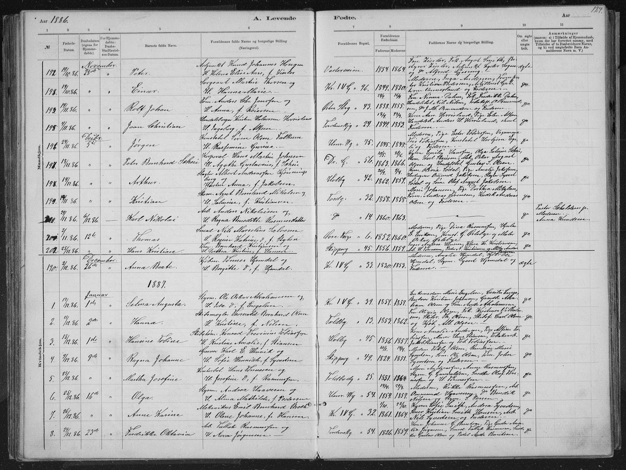 Kristiansand domprosti, SAK/1112-0006/F/Fb/L0014: Parish register (copy) no. B 14, 1881-1896, p. 124