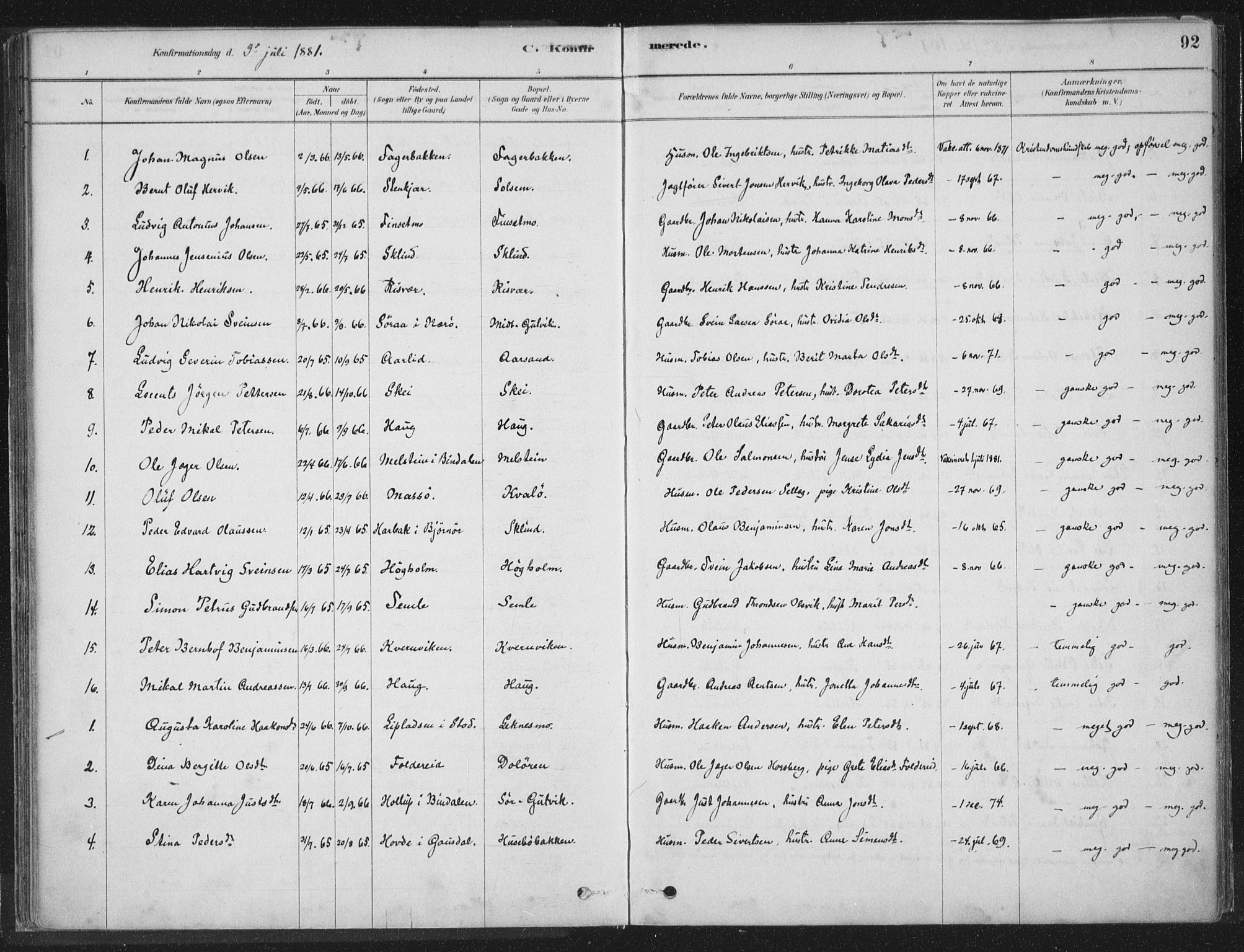 Ministerialprotokoller, klokkerbøker og fødselsregistre - Nord-Trøndelag, AV/SAT-A-1458/788/L0697: Parish register (official) no. 788A04, 1878-1902, p. 92