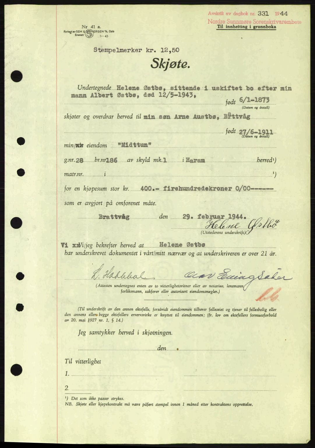 Nordre Sunnmøre sorenskriveri, AV/SAT-A-0006/1/2/2C/2Ca: Mortgage book no. A17, 1943-1944, Diary no: : 331/1944