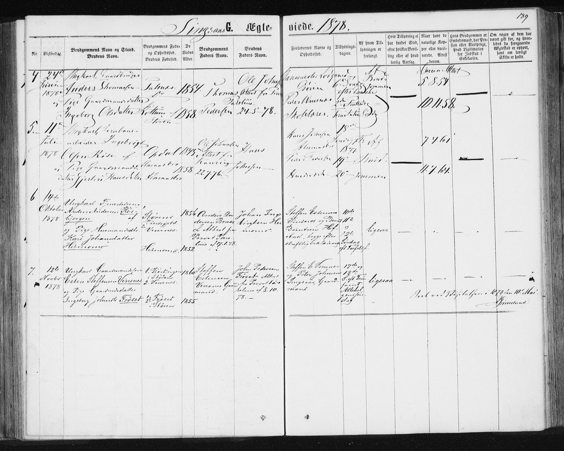 Ministerialprotokoller, klokkerbøker og fødselsregistre - Sør-Trøndelag, SAT/A-1456/685/L0970: Parish register (official) no. 685A08 /2, 1870-1878, p. 189