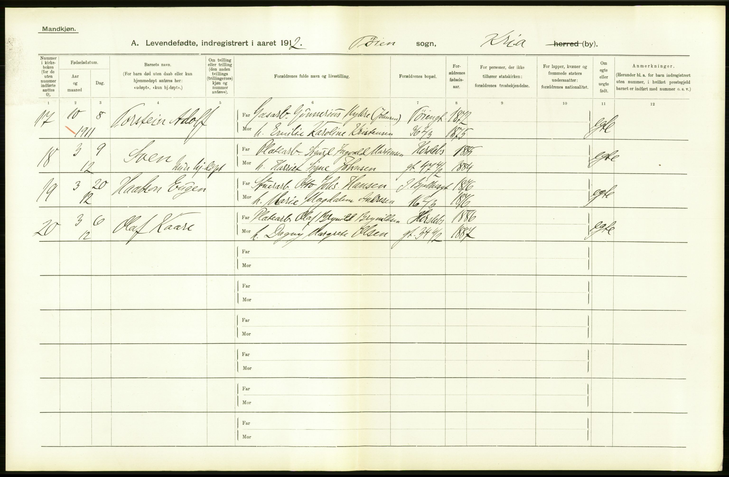 Statistisk sentralbyrå, Sosiodemografiske emner, Befolkning, RA/S-2228/D/Df/Dfb/Dfbb/L0006: Kristiania:  Levendefødte menn og kvinner., 1912, p. 146