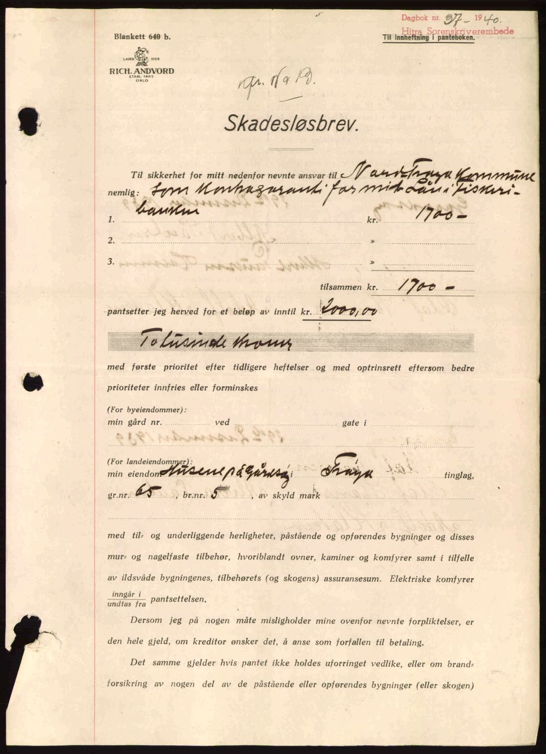 Hitra sorenskriveri, AV/SAT-A-0018/2/2C/2Ca: Mortgage book no. B1, 1939-1949, Diary no: : 37/1940