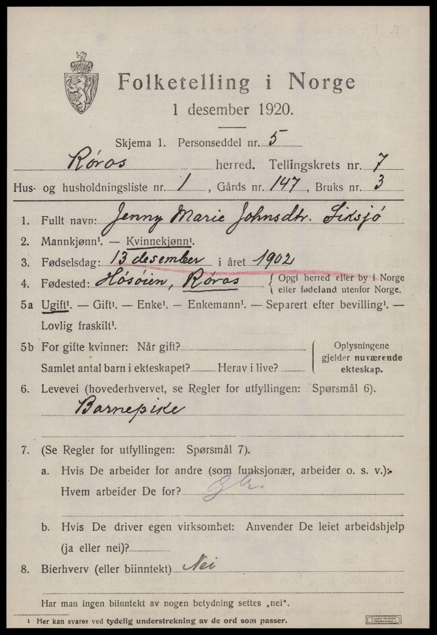 SAT, 1920 census for Røros, 1920, p. 6916