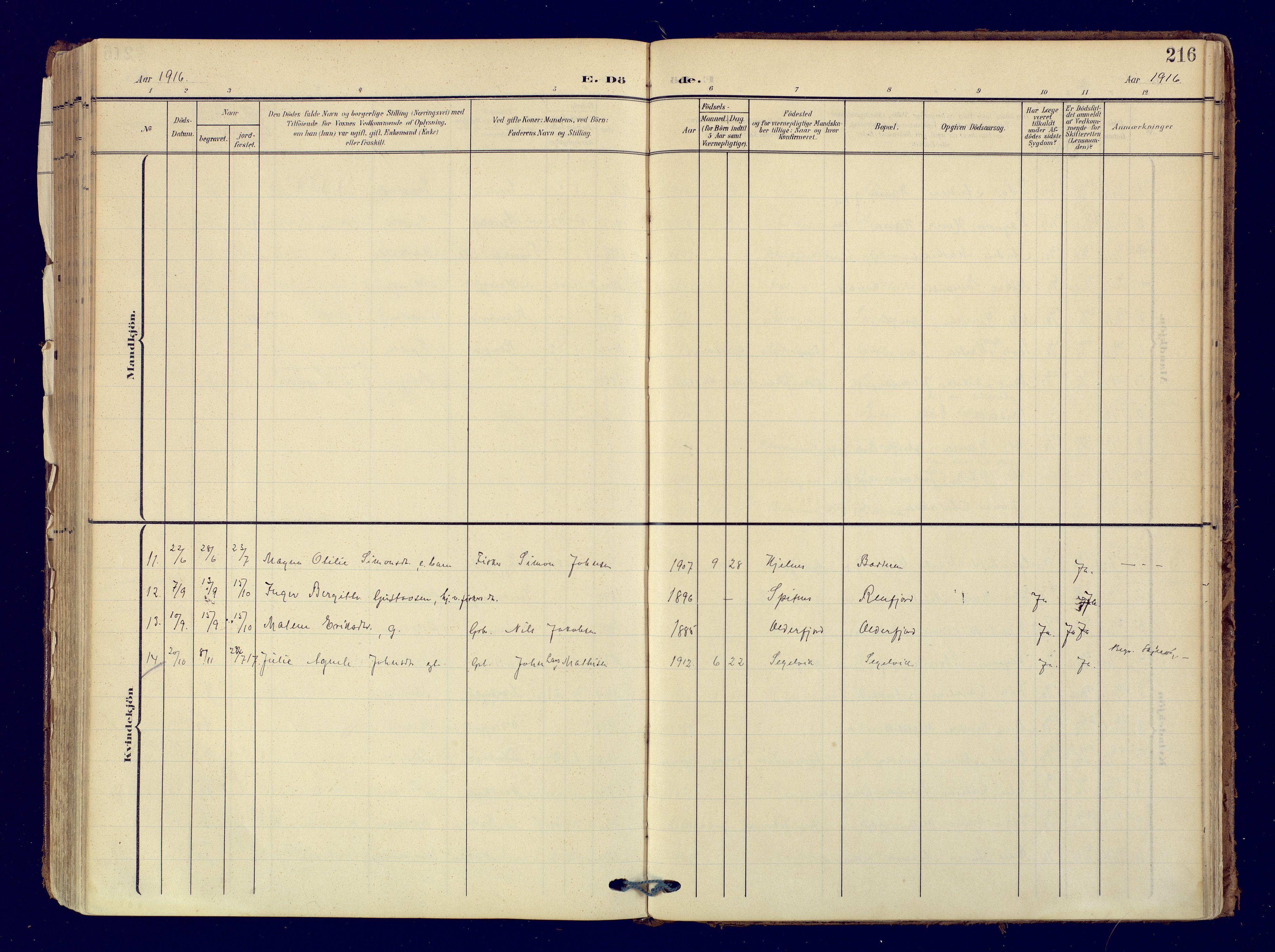 Skjervøy sokneprestkontor, AV/SATØ-S-1300/H/Ha/Haa: Parish register (official) no. 19, 1908-1936, p. 216