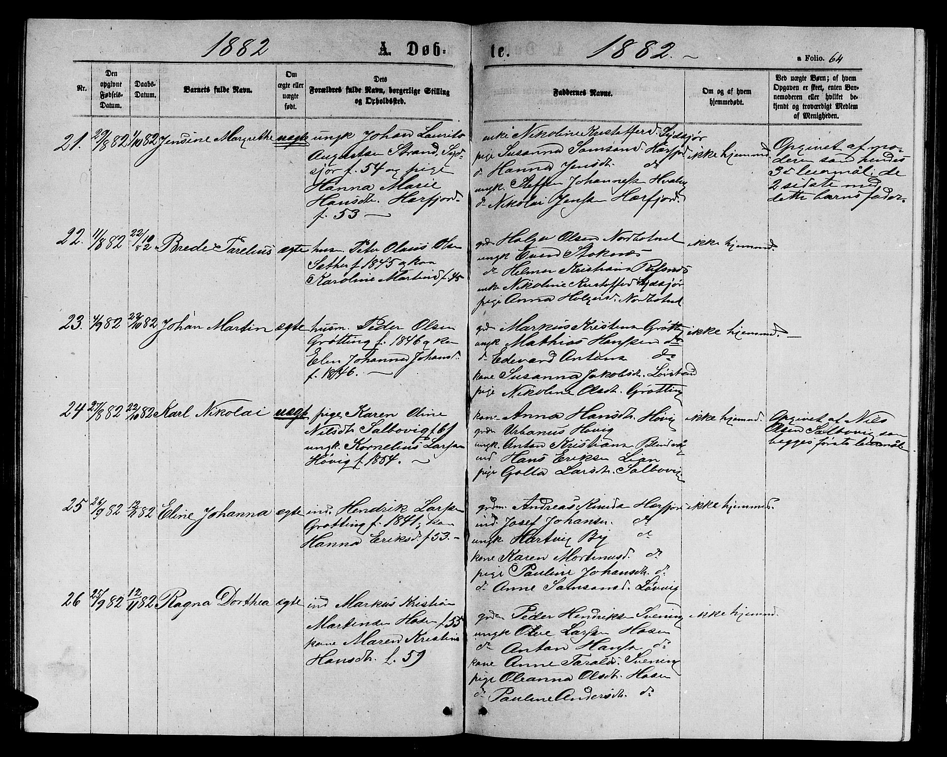 Ministerialprotokoller, klokkerbøker og fødselsregistre - Sør-Trøndelag, SAT/A-1456/656/L0695: Parish register (copy) no. 656C01, 1867-1889, p. 64