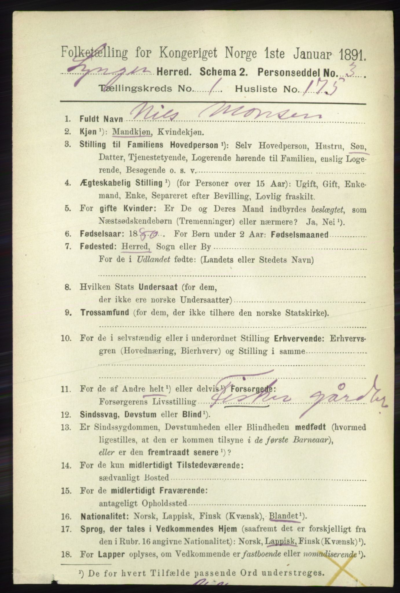 RA, 1891 census for 1938 Lyngen, 1891, p. 1433