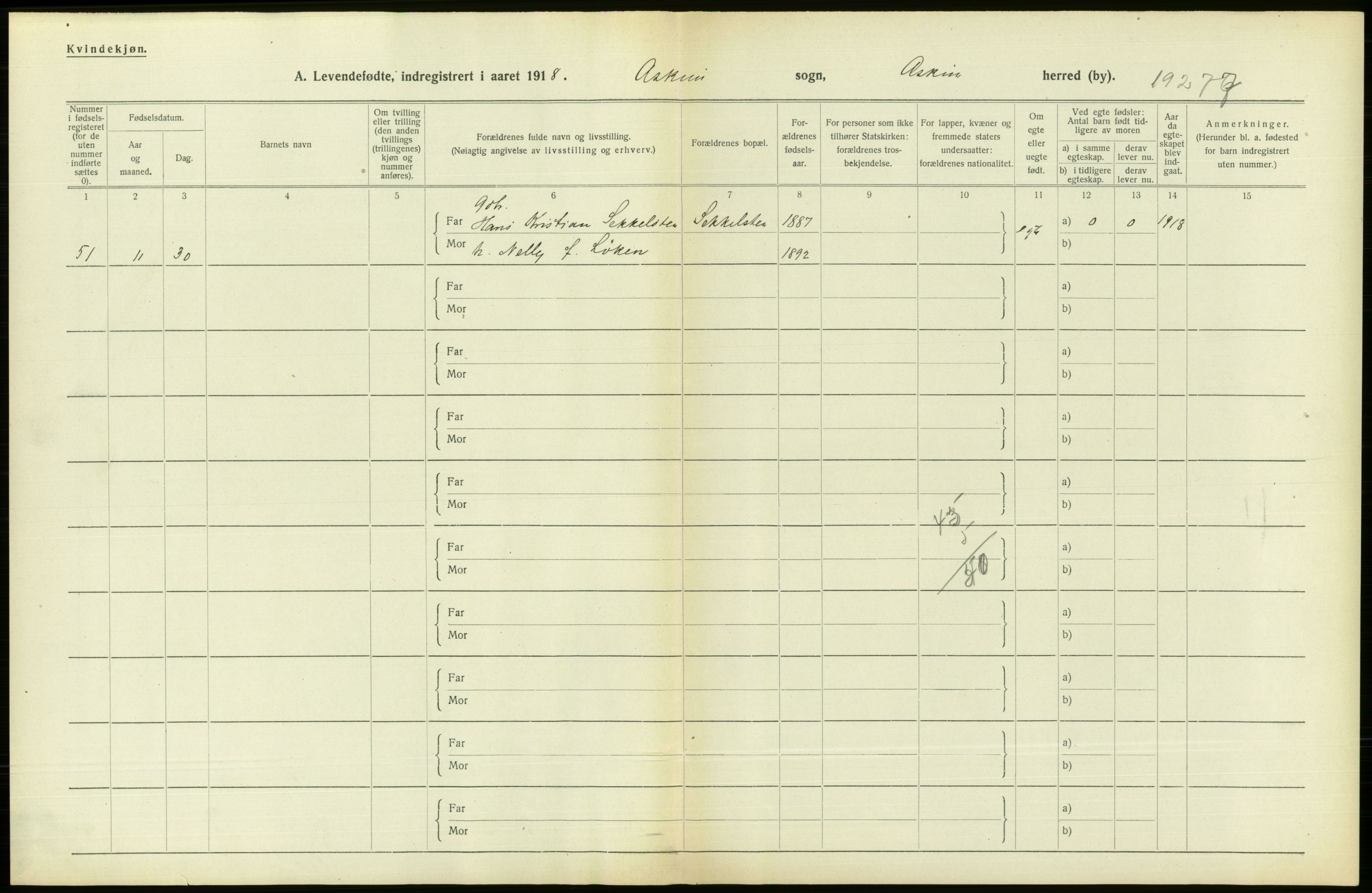 Statistisk sentralbyrå, Sosiodemografiske emner, Befolkning, RA/S-2228/D/Df/Dfb/Dfbh/L0001: Østfold fylke: Levendefødte menn og kvinner. Bygder., 1918, p. 358