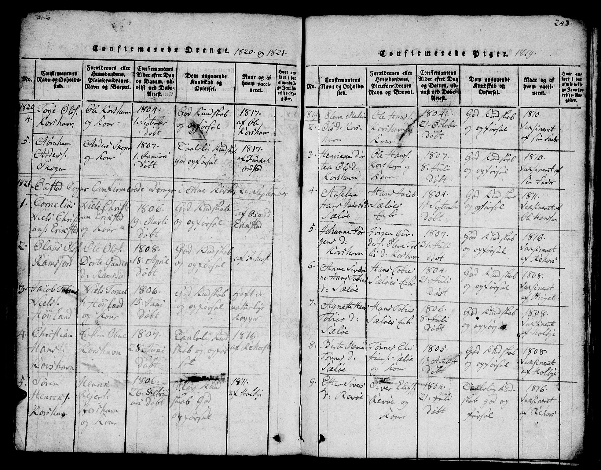 Lyngdal sokneprestkontor, SAK/1111-0029/F/Fb/Fba/L0001: Parish register (copy) no. B 1, 1816-1876, p. 243