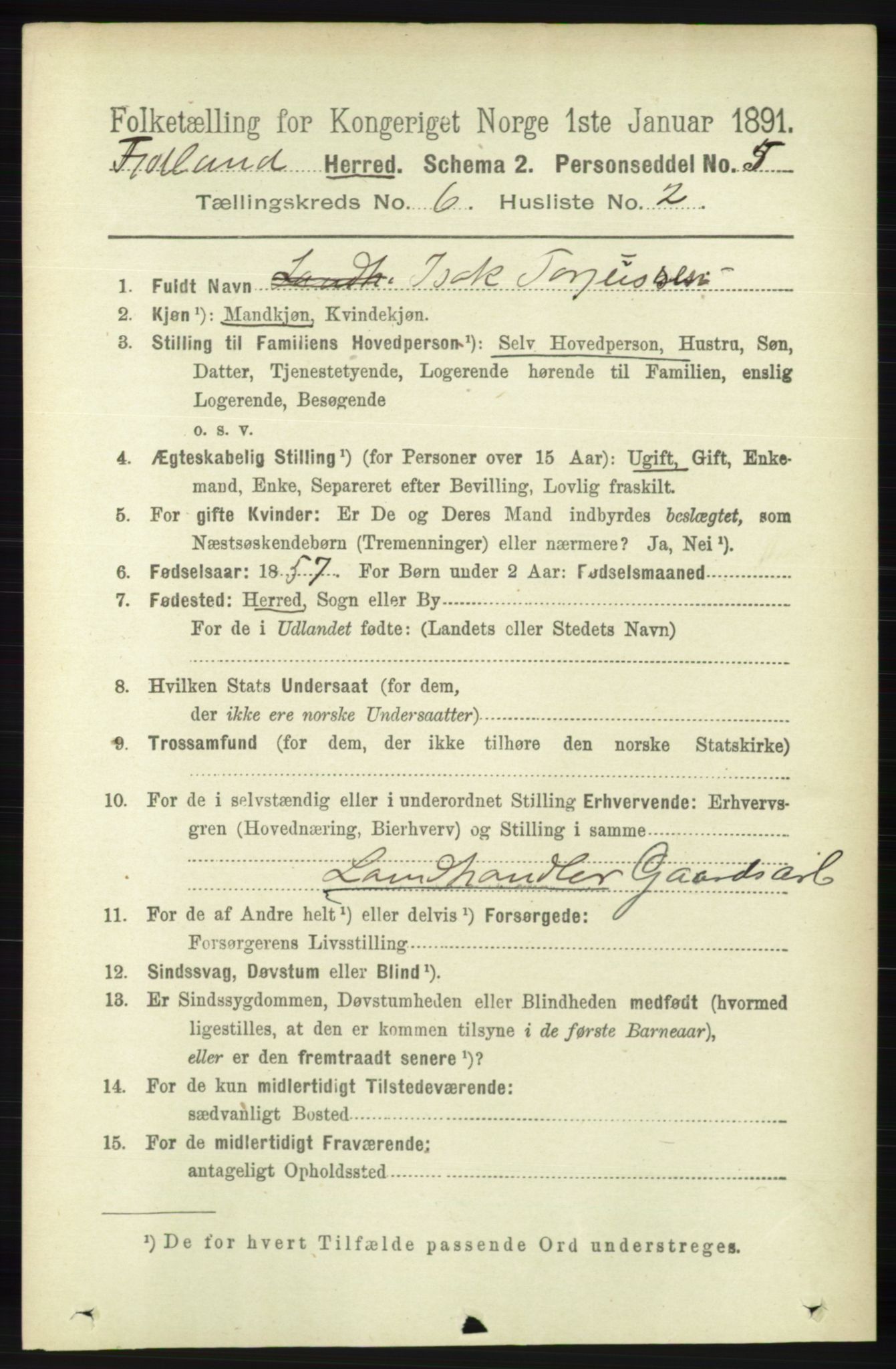 RA, 1891 census for 1036 Fjotland, 1891, p. 872