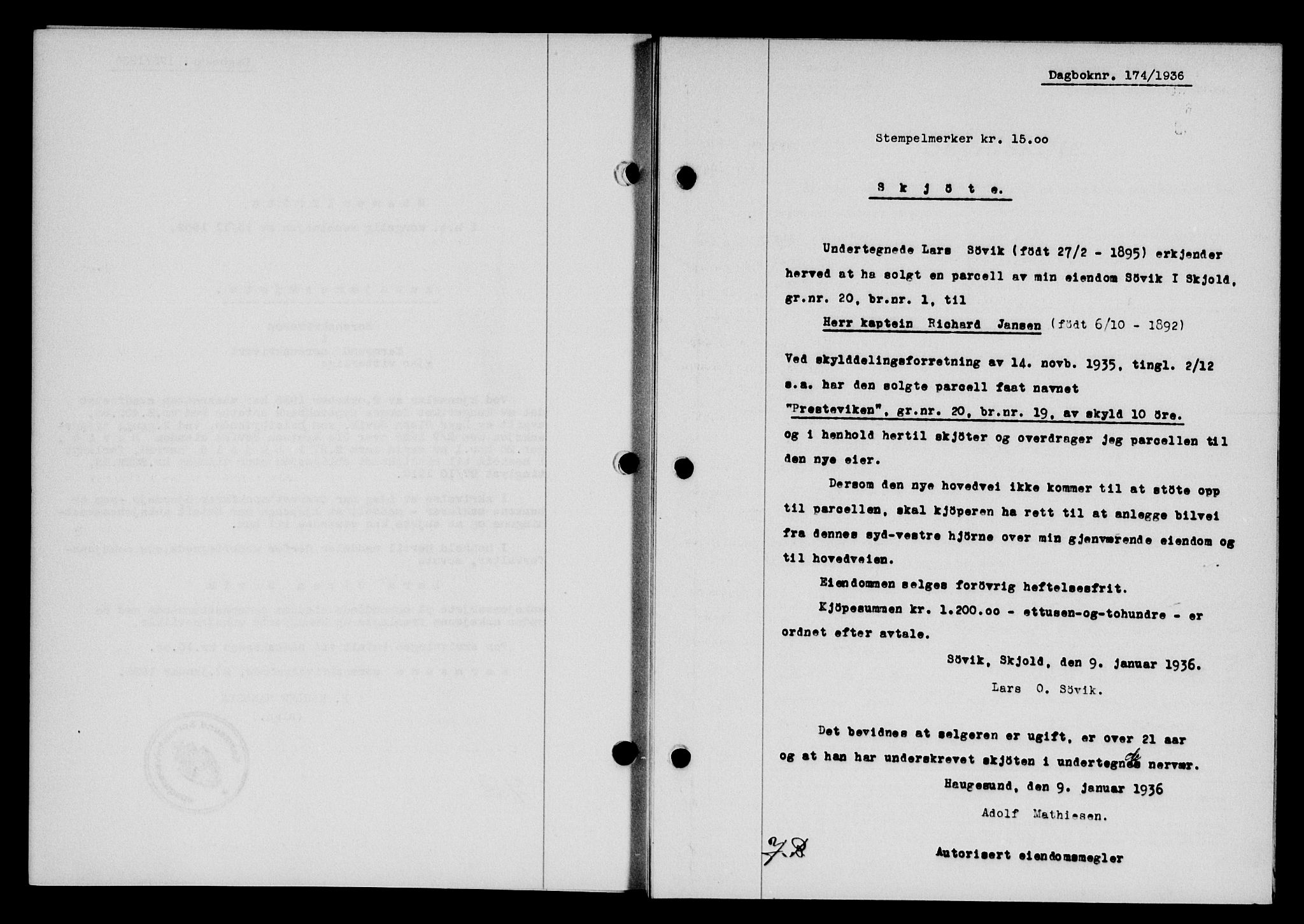 Karmsund sorenskriveri, SAST/A-100311/01/II/IIB/L0066: Mortgage book no. 47A, 1936-1936, Diary no: : 174/1936
