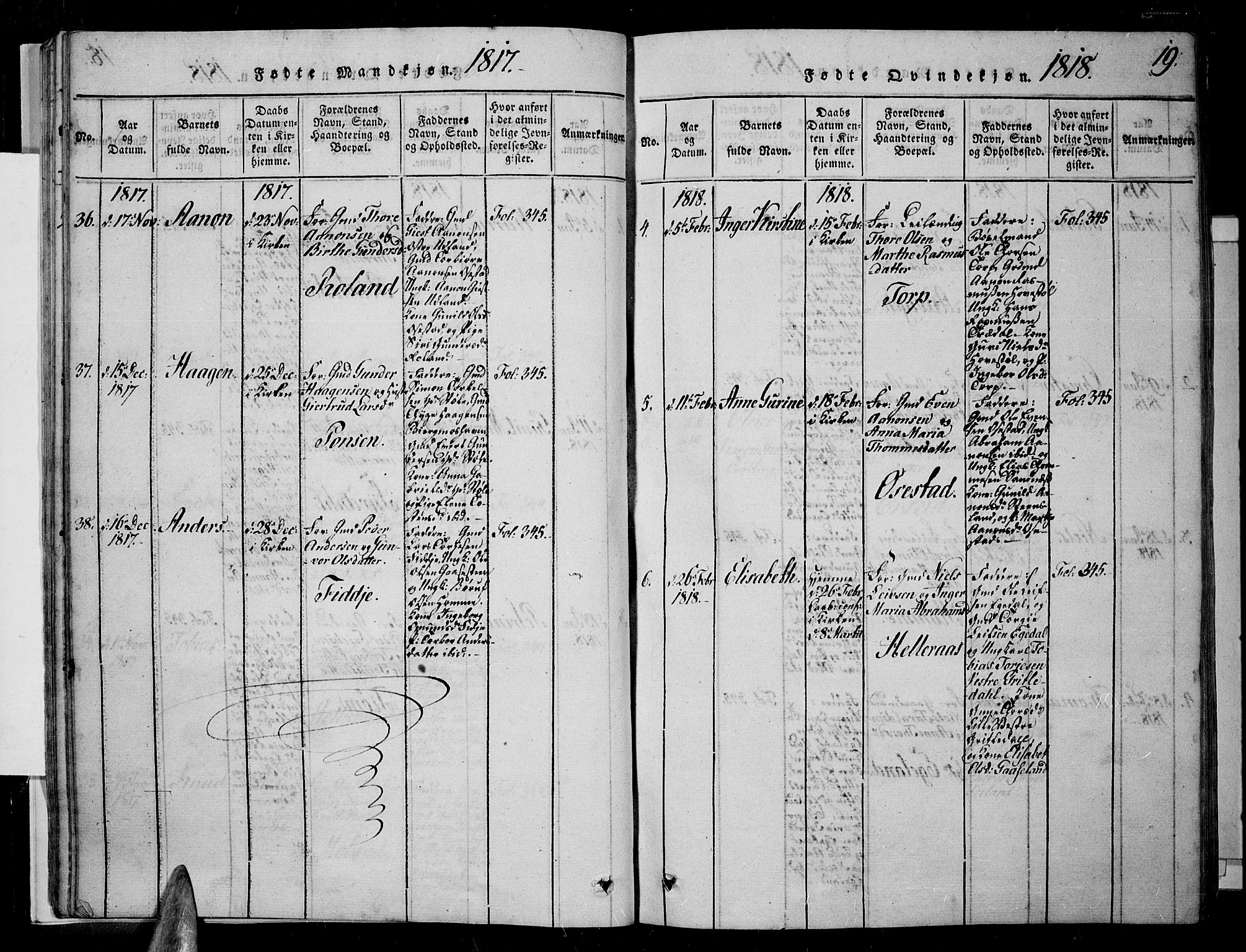 Sør-Audnedal sokneprestkontor, AV/SAK-1111-0039/F/Fa/Fab/L0005: Parish register (official) no. A 5, 1816-1830, p. 19