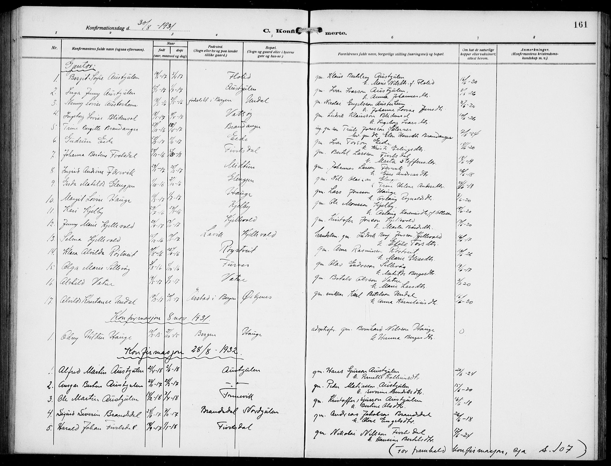 Gulen sokneprestembete, AV/SAB-A-80201/H/Hab/Habb/L0004: Parish register (copy) no. B 4, 1908-1936, p. 161