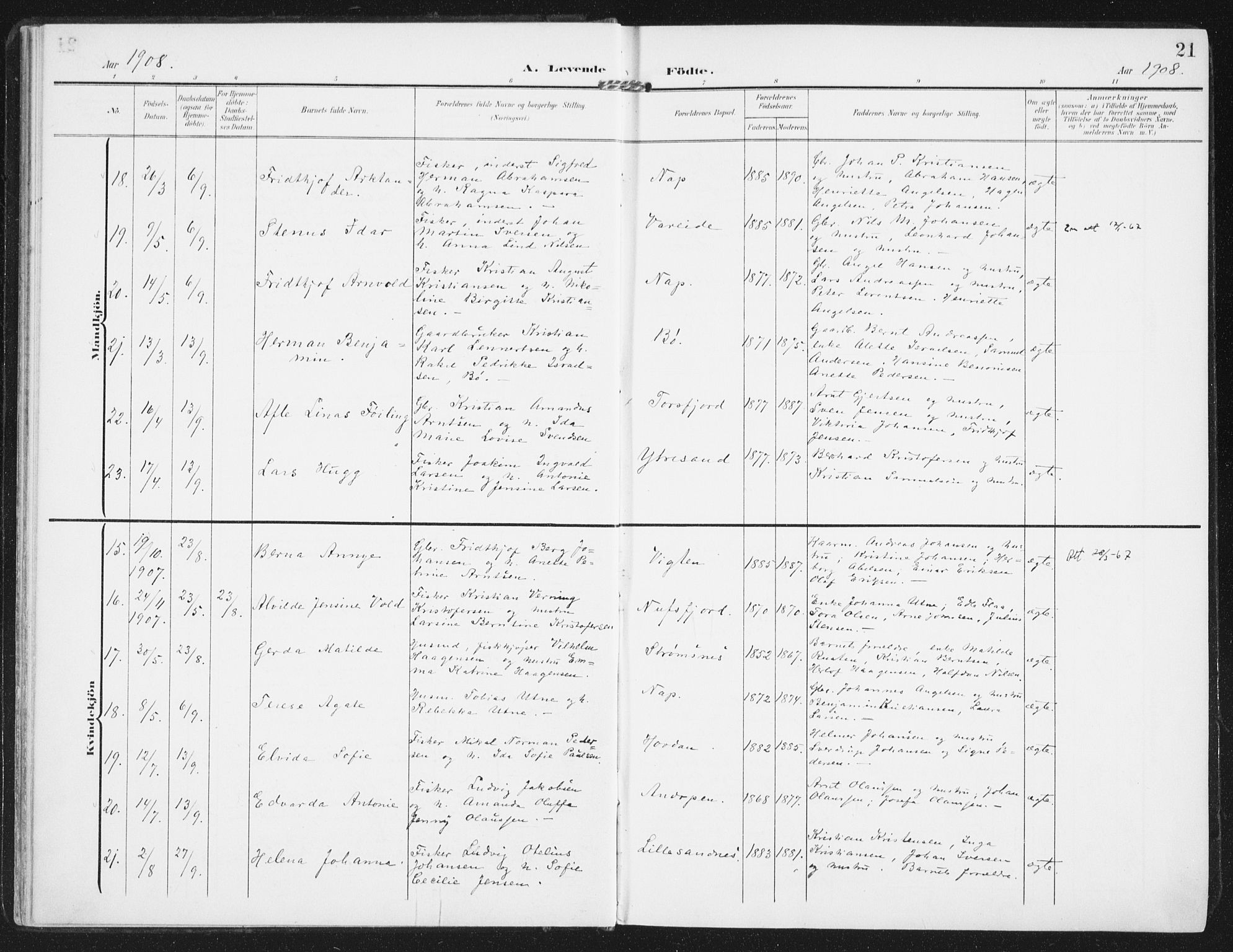 Ministerialprotokoller, klokkerbøker og fødselsregistre - Nordland, SAT/A-1459/885/L1206: Parish register (official) no. 885A07, 1905-1915, p. 21