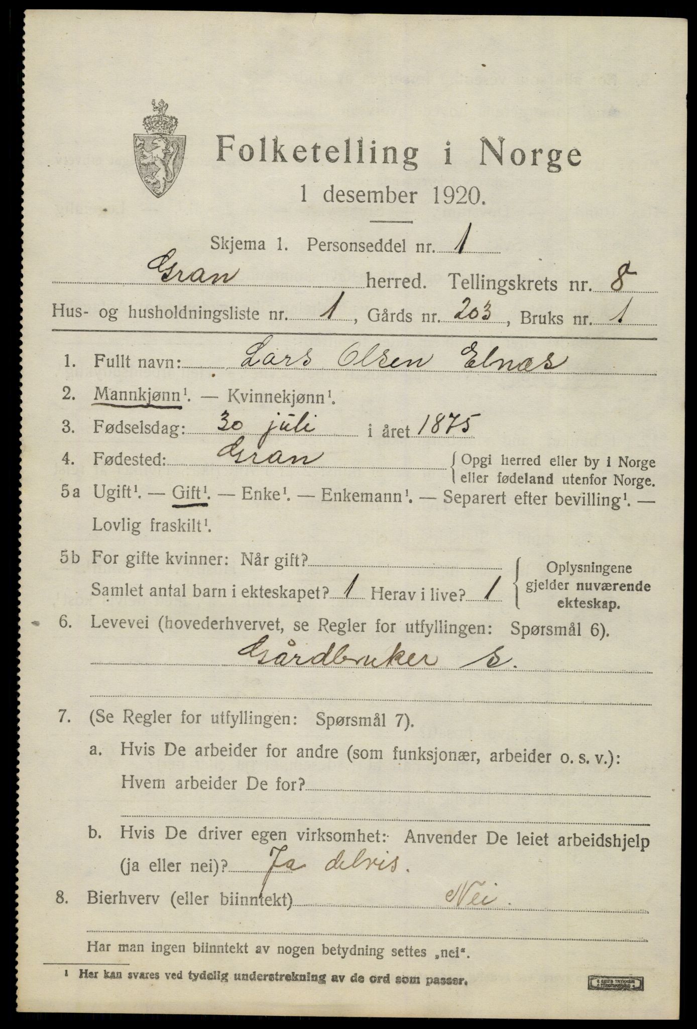 SAH, 1920 census for Gran, 1920, p. 10480