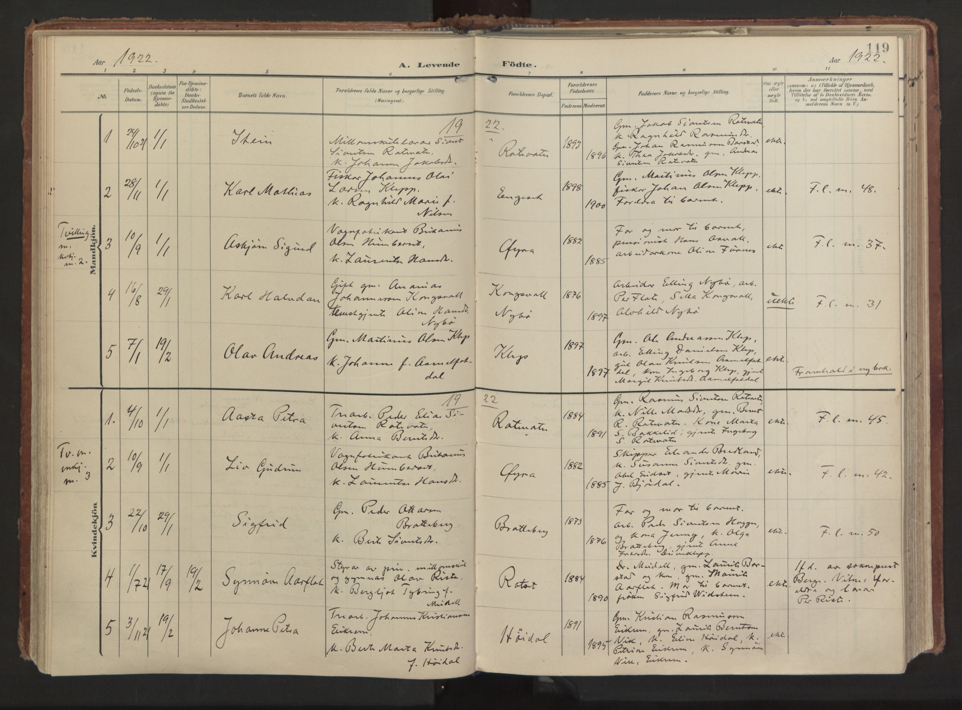 Ministerialprotokoller, klokkerbøker og fødselsregistre - Møre og Romsdal, AV/SAT-A-1454/511/L0144: Parish register (official) no. 511A11, 1906-1923, p. 119