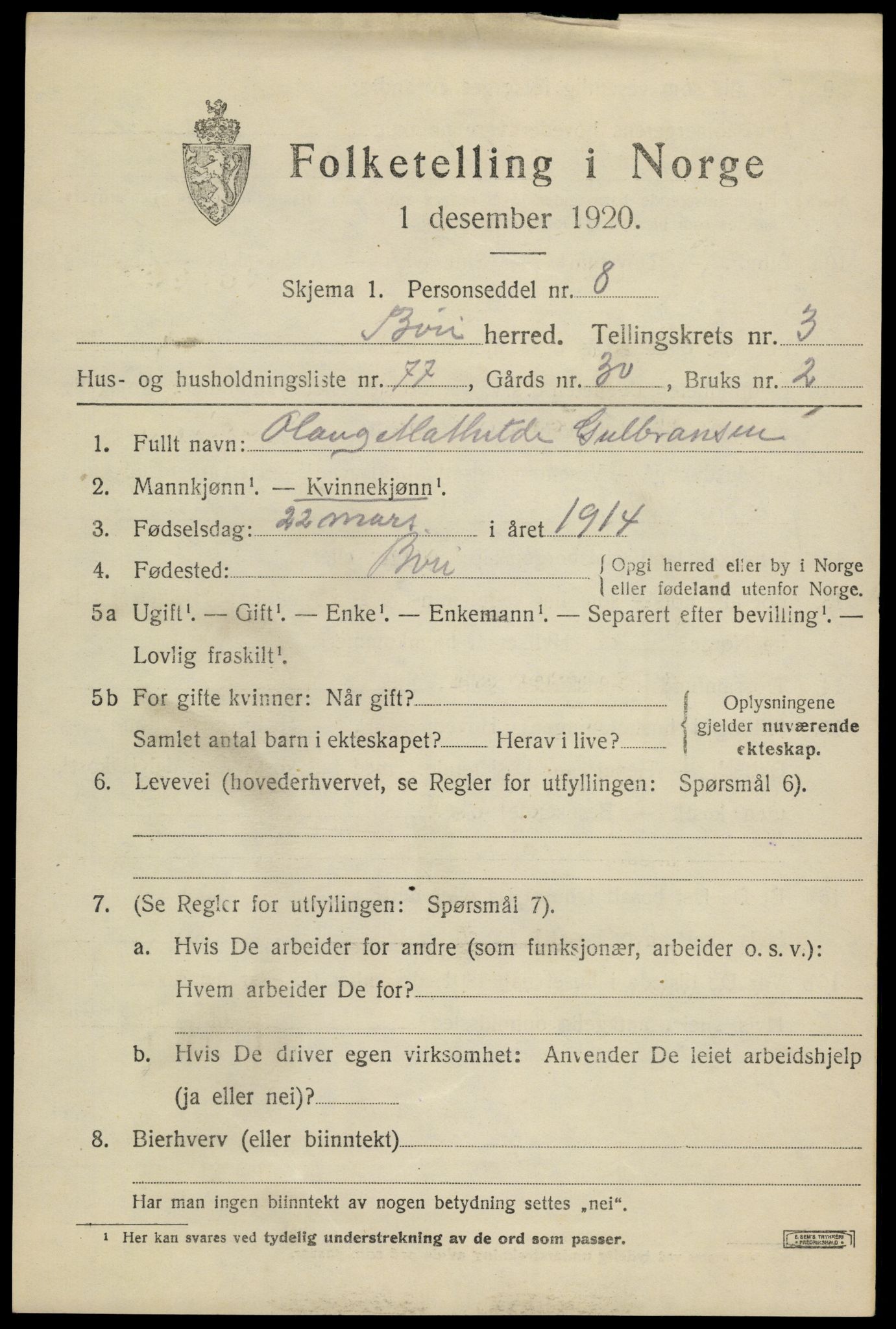 SAH, 1920 census for Biri, 1920, p. 3195