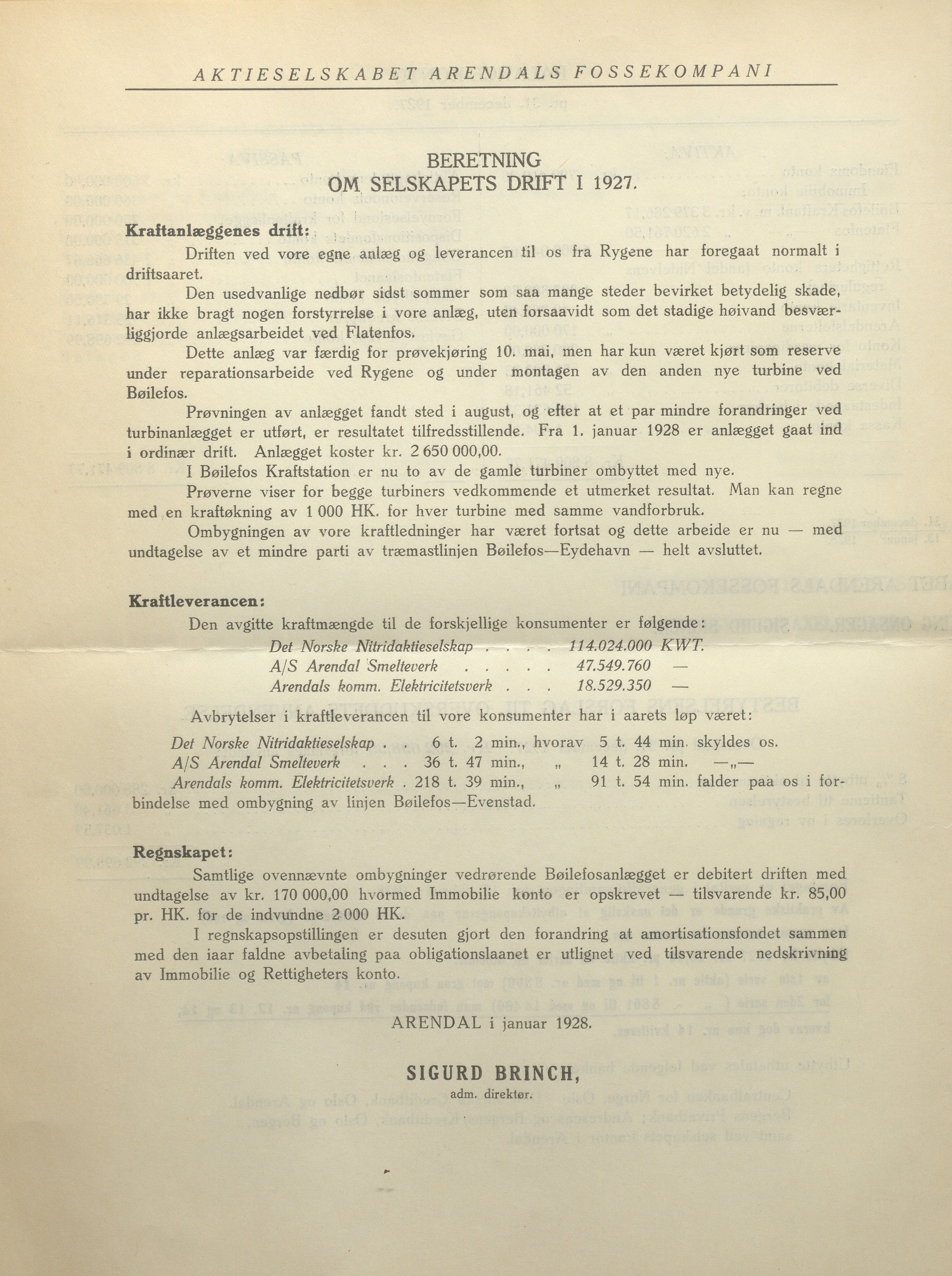 Arendals Fossekompani, AAKS/PA-2413/X/X01/L0001/0008: Beretninger, regnskap, balansekonto, gevinst- og tapskonto / Årsberetning og regnskap 1919 - 1927, 1919-1927, p. 29