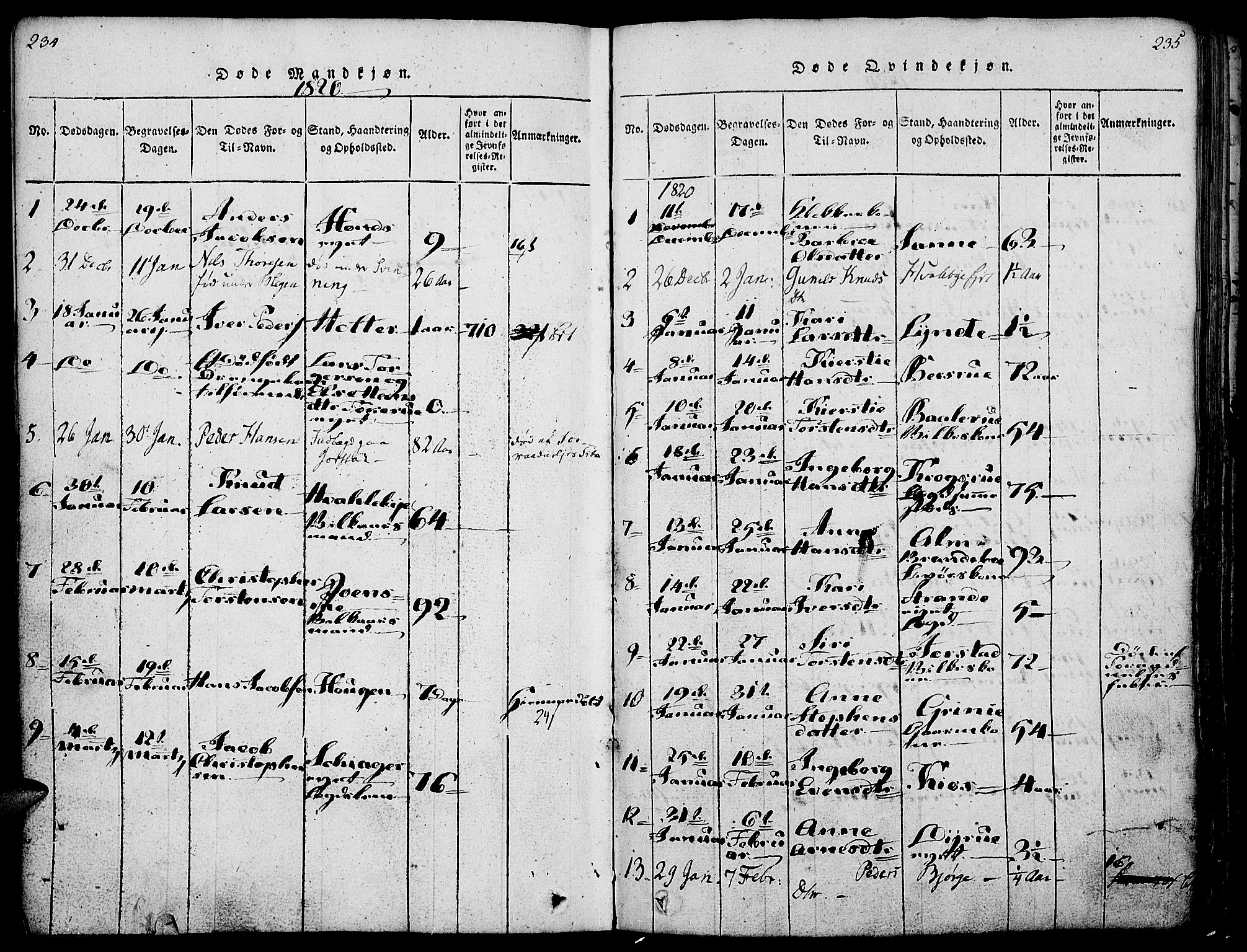 Gran prestekontor, SAH/PREST-112/H/Ha/Haa/L0009: Parish register (official) no. 9, 1815-1824, p. 234-235