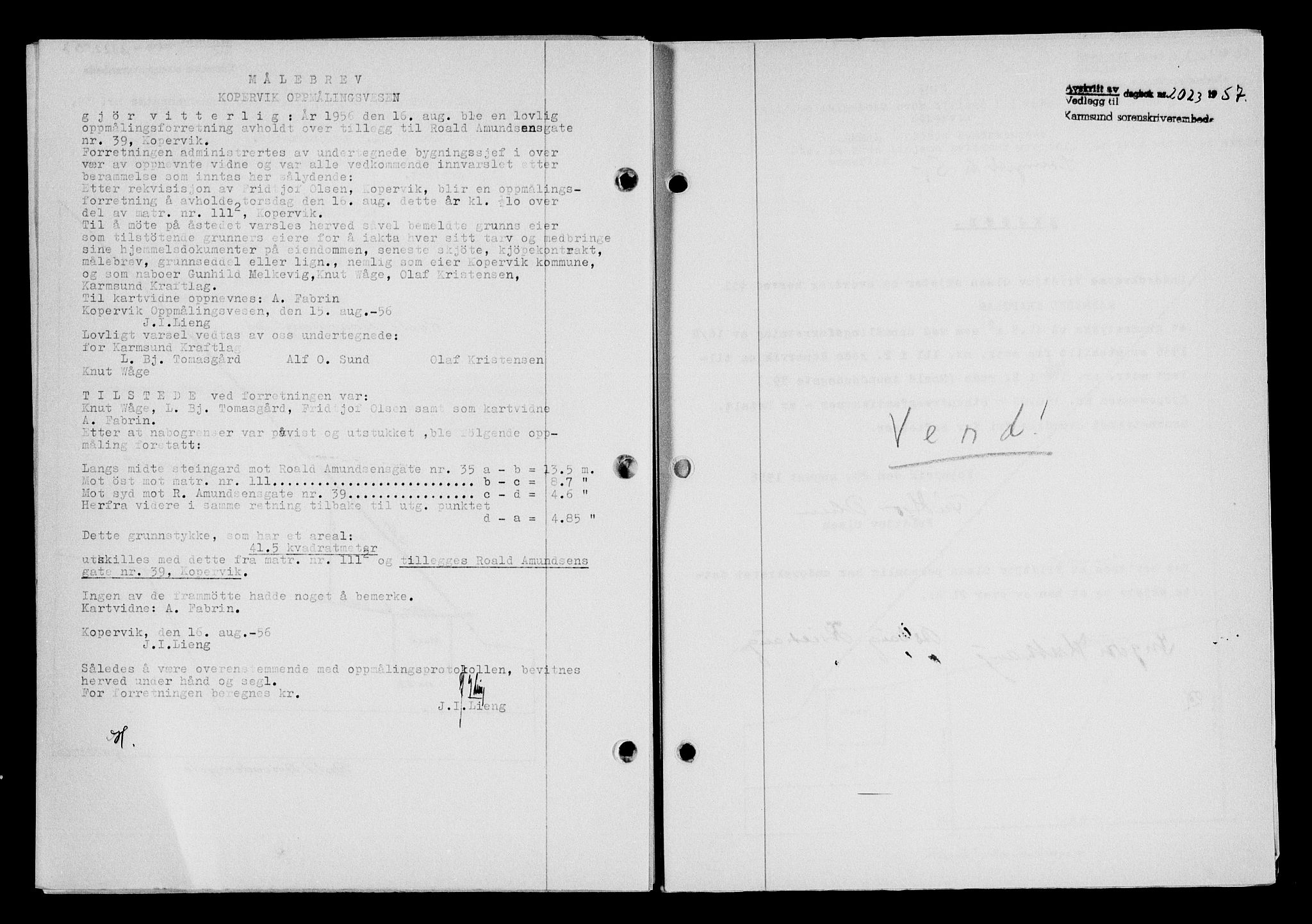 Karmsund sorenskriveri, SAST/A-100311/01/II/IIB/L0125: Mortgage book no. 105A, 1957-1957, Diary no: : 2023/1957
