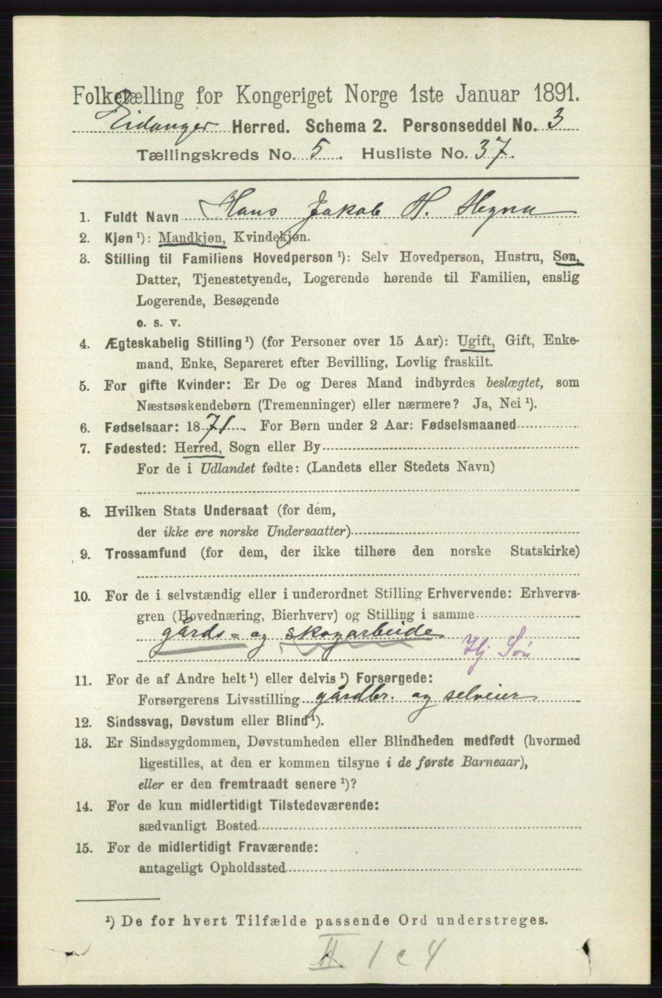 RA, 1891 census for 0813 Eidanger, 1891, p. 2539