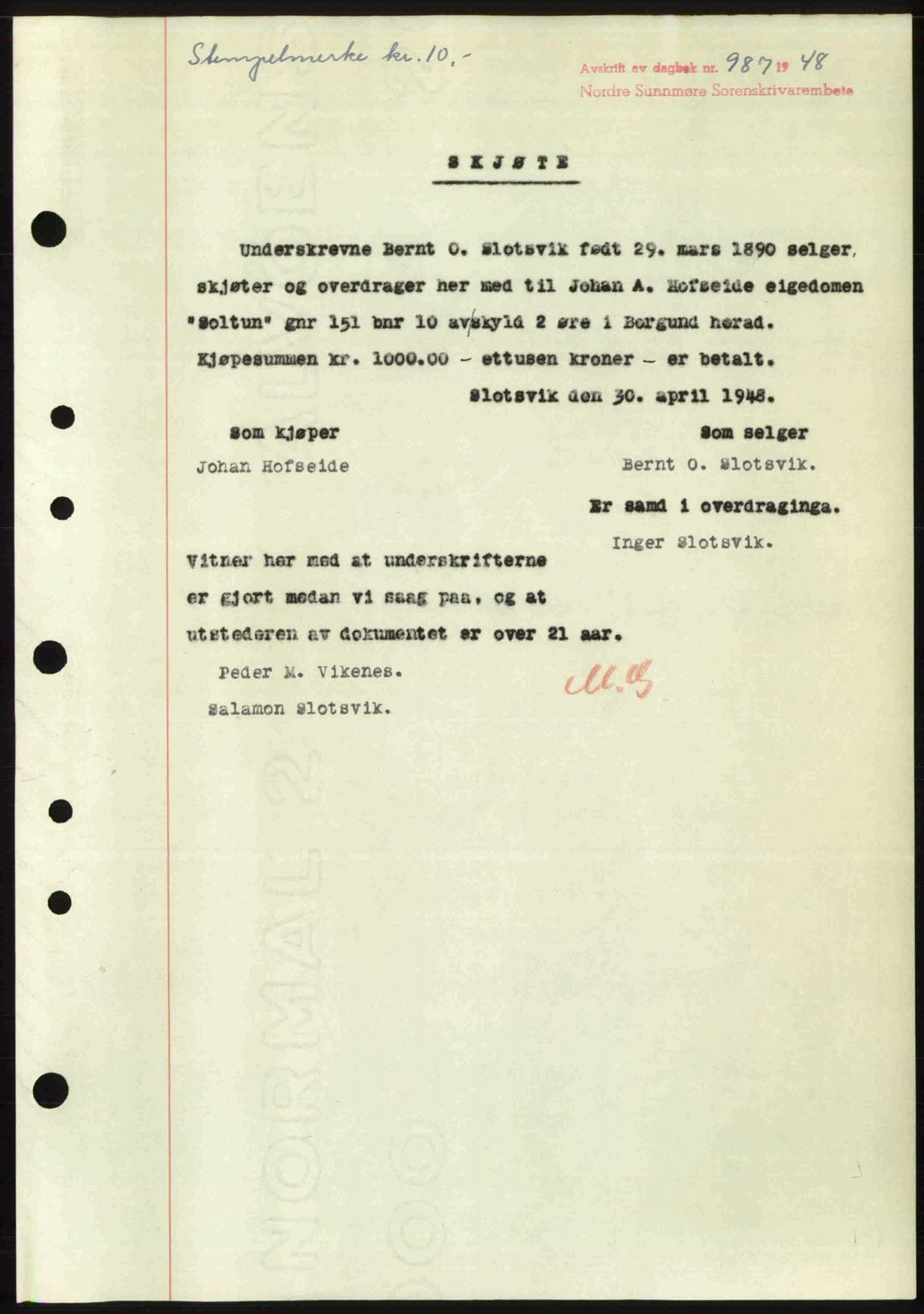 Nordre Sunnmøre sorenskriveri, AV/SAT-A-0006/1/2/2C/2Ca: Mortgage book no. A28, 1948-1948, Diary no: : 987/1948