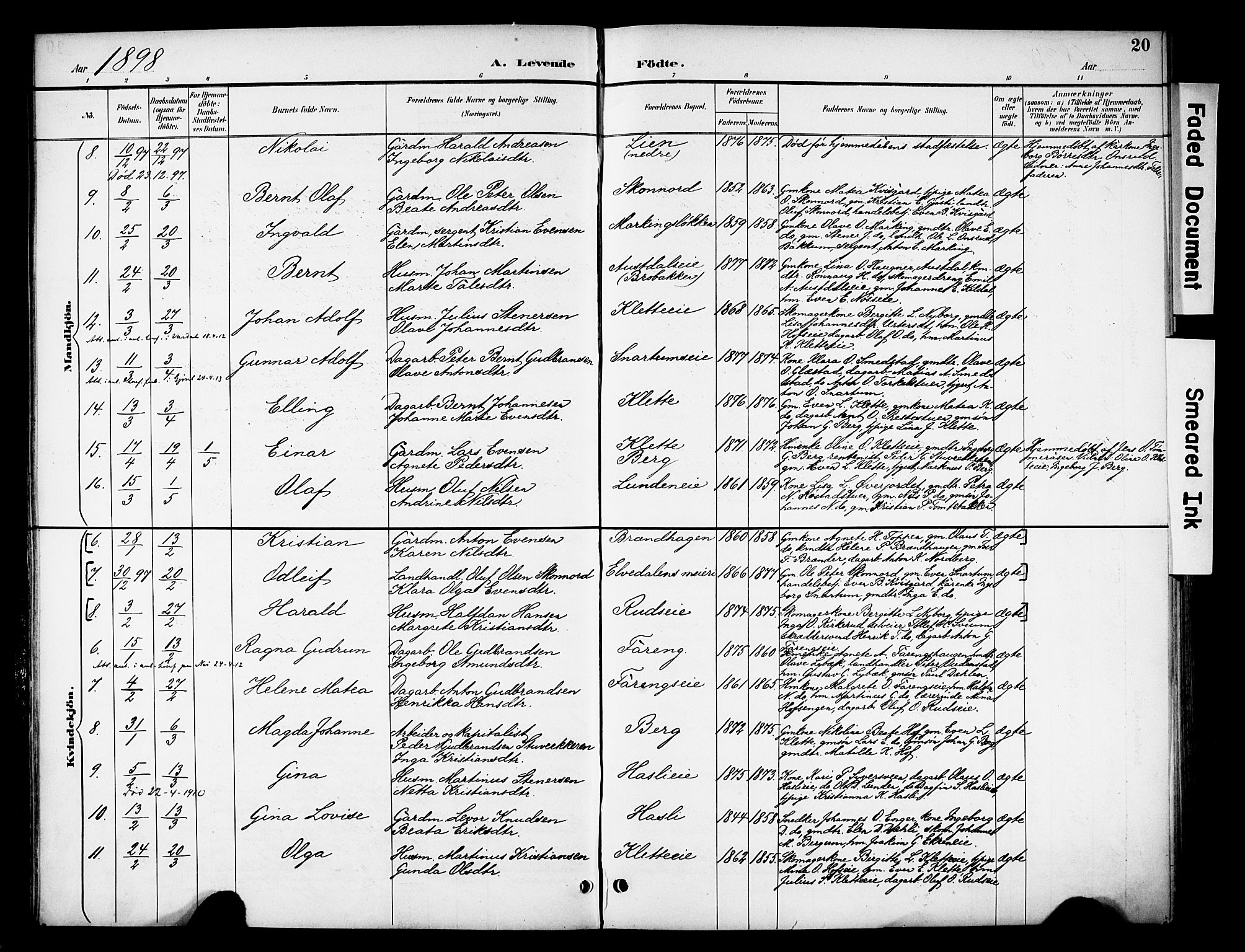 Biri prestekontor, SAH/PREST-096/H/Ha/Haa/L0008: Parish register (official) no. 8, 1894-1901, p. 20