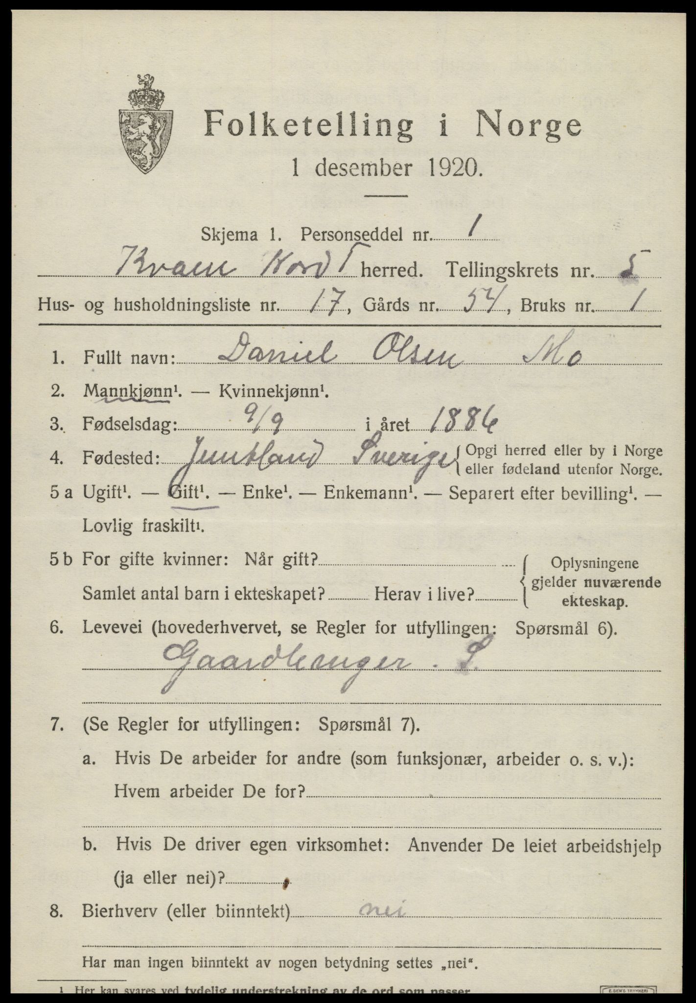 SAT, 1920 census for Kvam, 1920, p. 1565