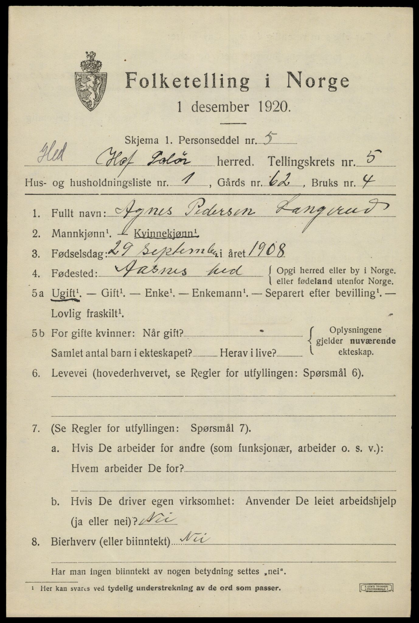 SAH, 1920 census for Hof, 1920, p. 7109