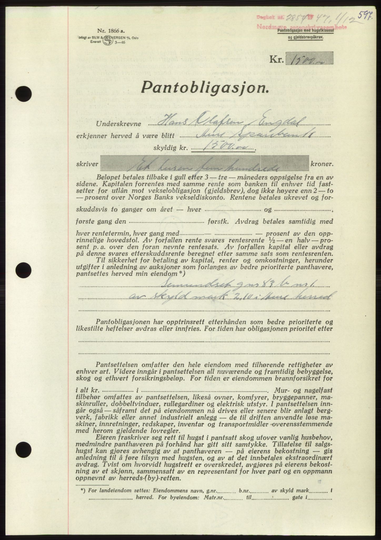 Nordmøre sorenskriveri, AV/SAT-A-4132/1/2/2Ca: Mortgage book no. B97, 1947-1948, Diary no: : 2854/1947