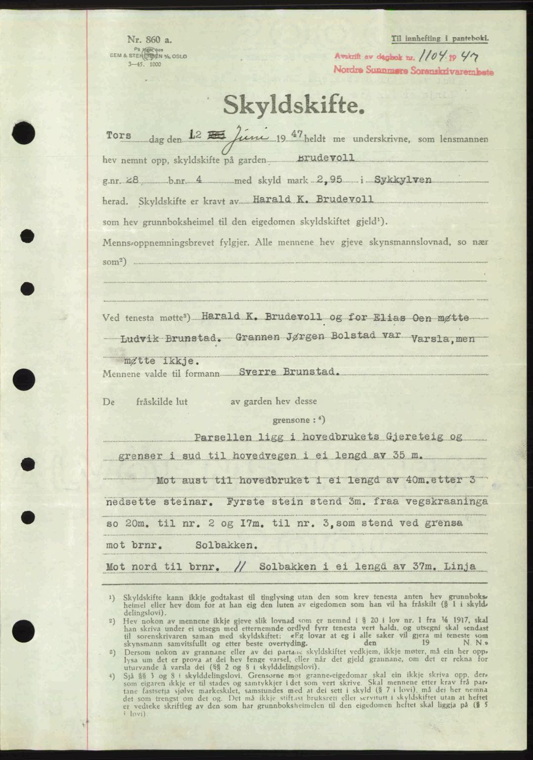 Nordre Sunnmøre sorenskriveri, AV/SAT-A-0006/1/2/2C/2Ca: Mortgage book no. A24, 1947-1947, Diary no: : 1104/1947