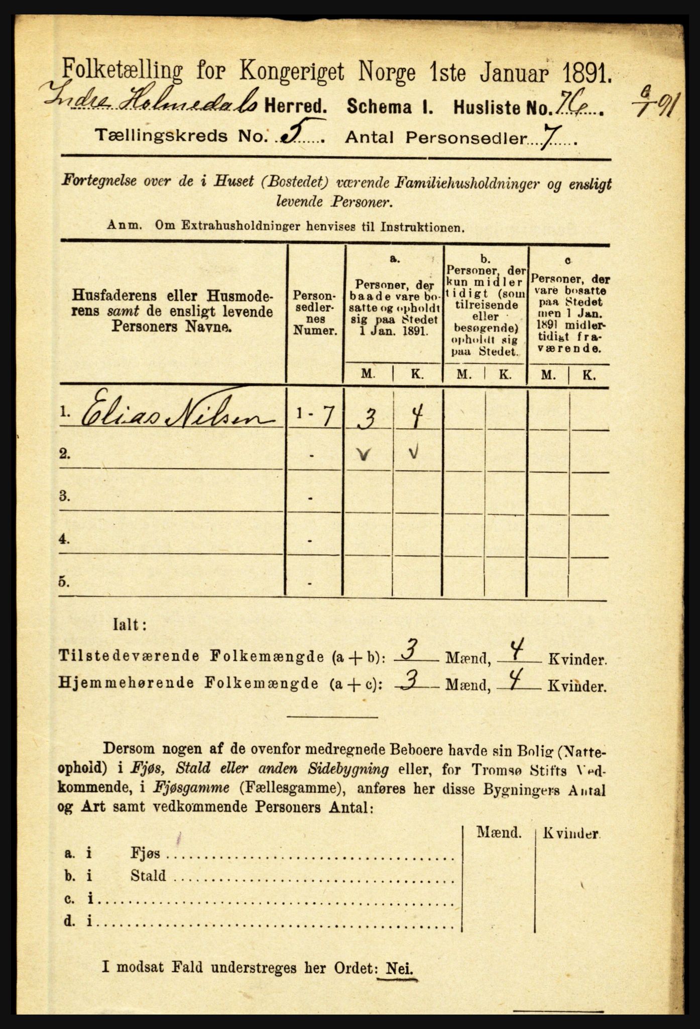 RA, 1891 census for 1430 Indre Holmedal, 1891, p. 1900