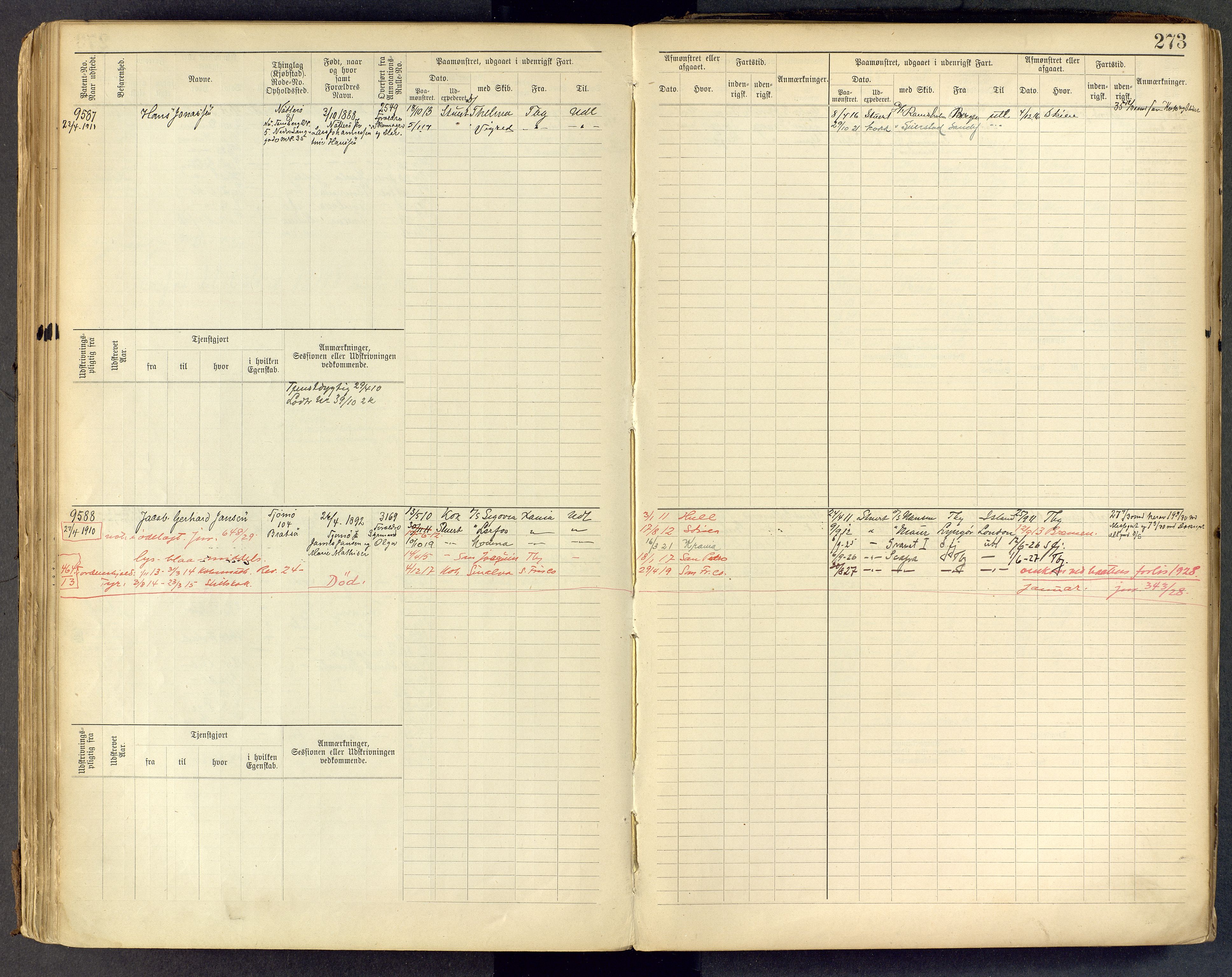 Tønsberg innrulleringskontor, AV/SAKO-A-786/F/Fc/Fcb/L0009: Hovedrulle Patent nr. 9043-9992, 1900-1921, p. 273