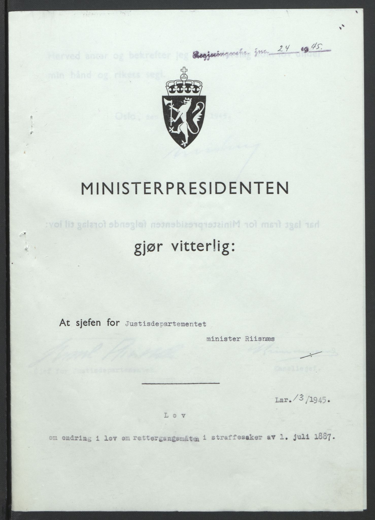 NS-administrasjonen 1940-1945 (Statsrådsekretariatet, de kommisariske statsråder mm), RA/S-4279/D/Db/L0101/0001: -- / Lover og vedtak, 1945, p. 53