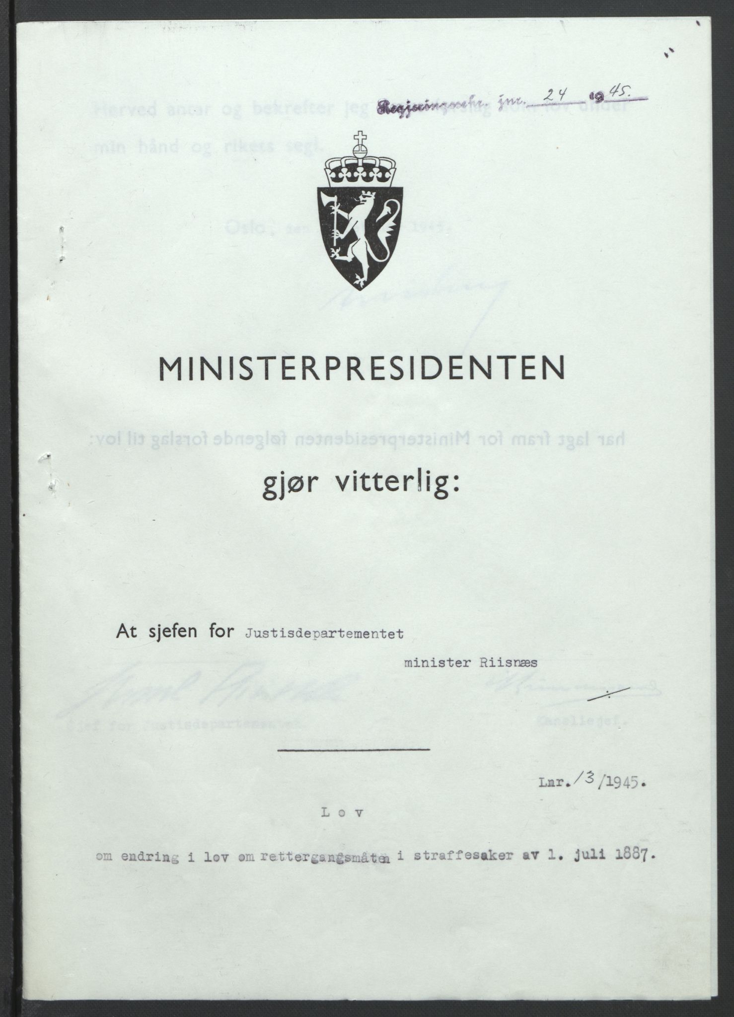 NS-administrasjonen 1940-1945 (Statsrådsekretariatet, de kommisariske statsråder mm), AV/RA-S-4279/D/Db/L0101/0001: -- / Lover og vedtak, 1945, p. 53