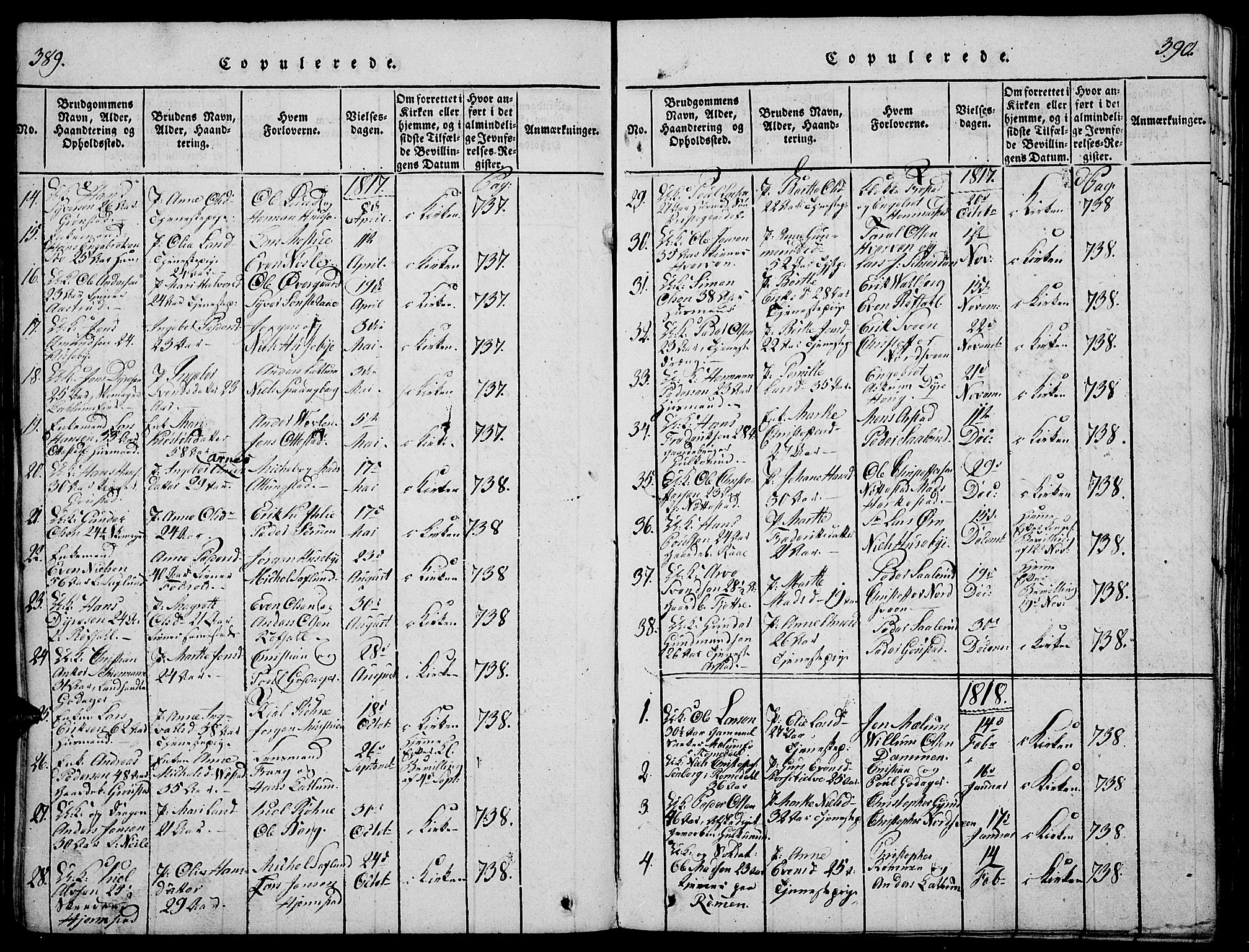 Stange prestekontor, AV/SAH-PREST-002/K/L0008: Parish register (official) no. 8, 1814-1825, p. 389-390